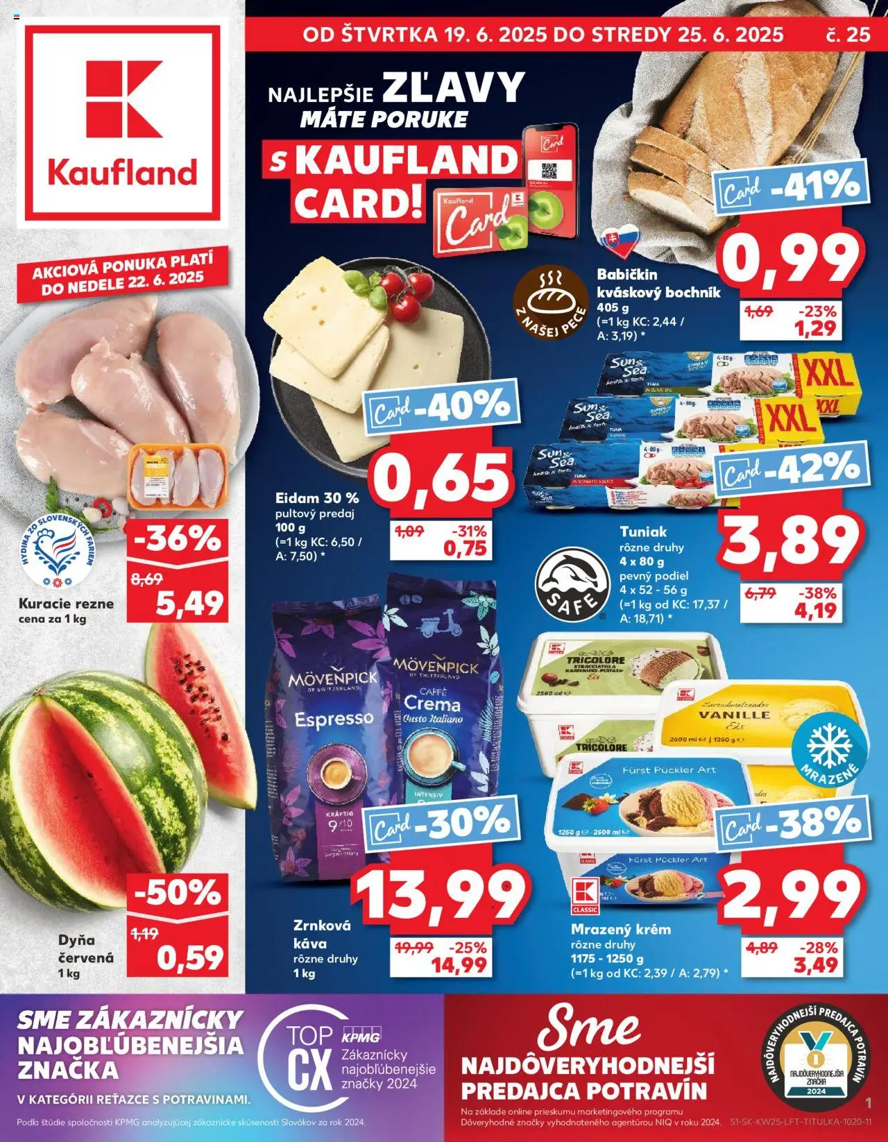 Náhľad Kaufland letáku platného od 19.06.2025 - Káva, Tuniak, Kuracie rezne, Zrnková káva, Eidam, Krém