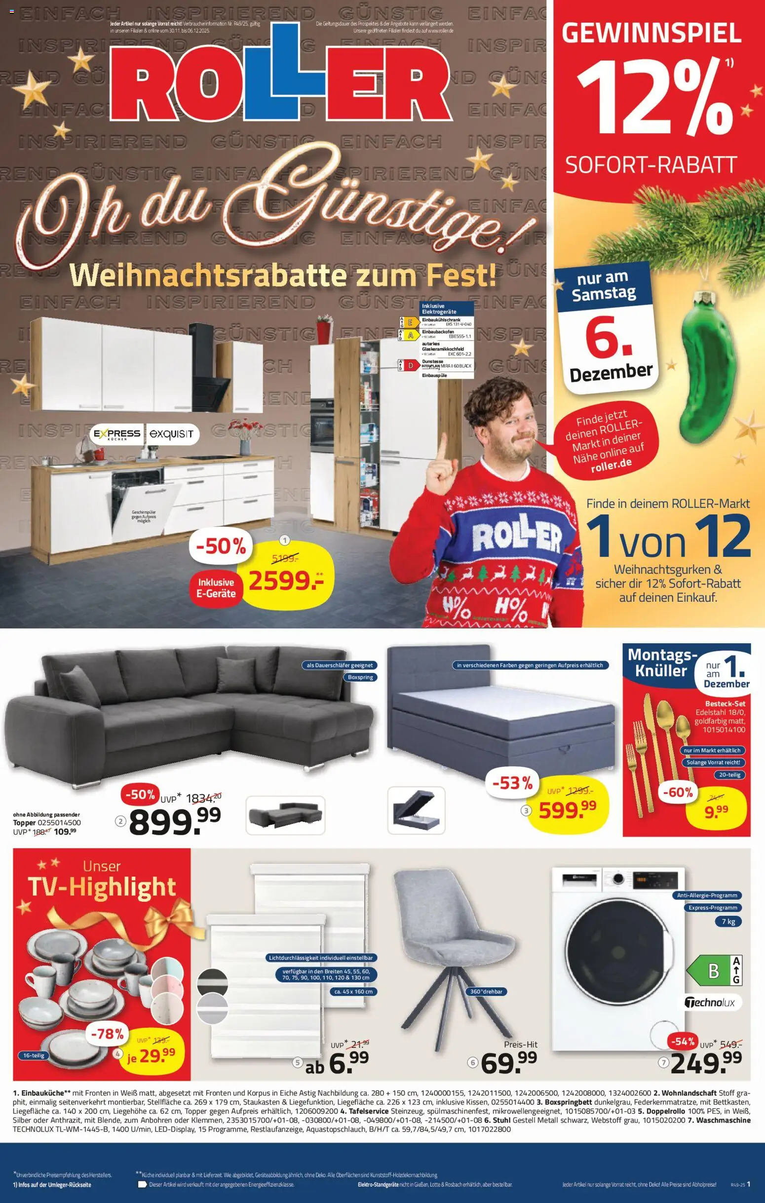 Vorschau von dem Prospekt des Geschäftes Roller, gültig ab dem 30.11.2025 - Waschmaschine, Boxspringbett, Küche, Geschirrspüler, Stuhl, Einbauküche, Wohnlandschaft, Topper
