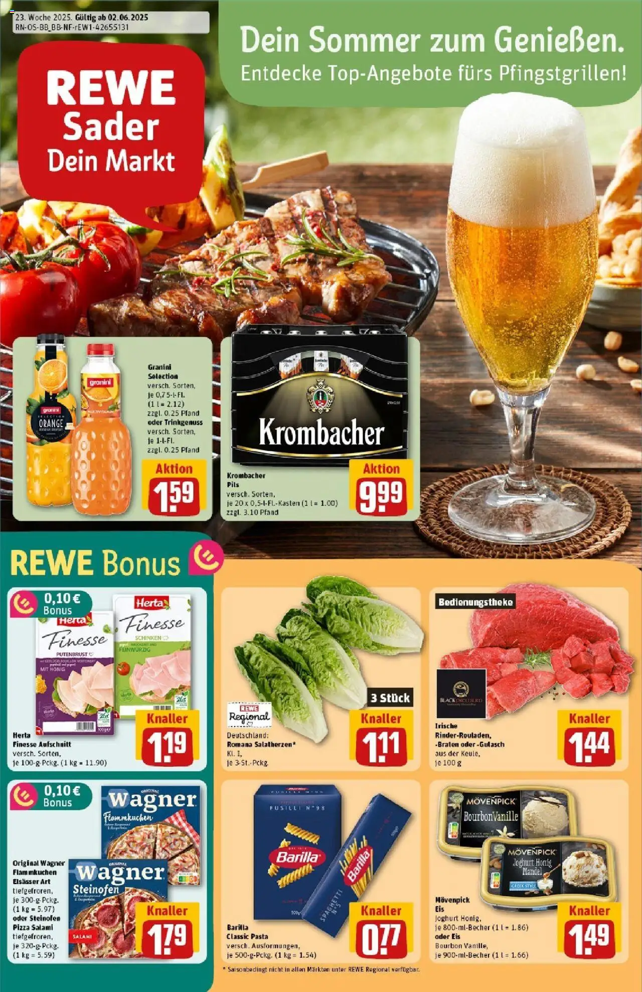 REWE Prospekt ab 01.06.2025 nächste Woche - Prospekt Cottbus / Schmellwitz - Spaghetti, Krombacher, Salami, Barilla, Bourbon, Movenpick eis, Putenbrust, Granini