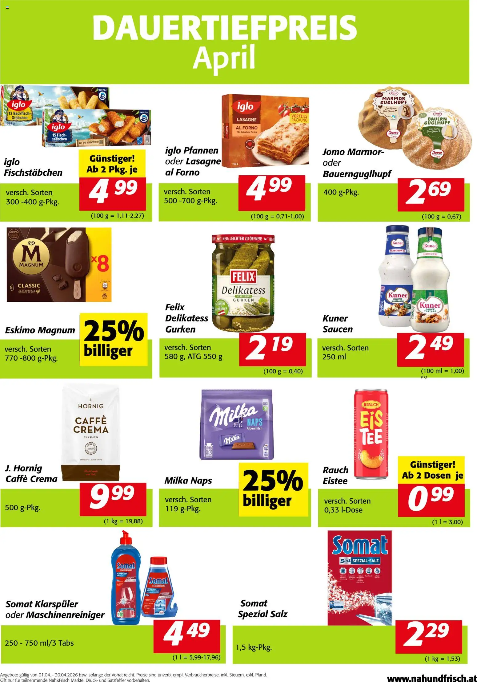 Vorschau der Angebote: Nah und Frisch Nah und Frisch Dauertiefpreise April gültig ab 01.04.2026 - Pasta, Fisch, Gurken, Knoblauch, Salz, Klarspüler