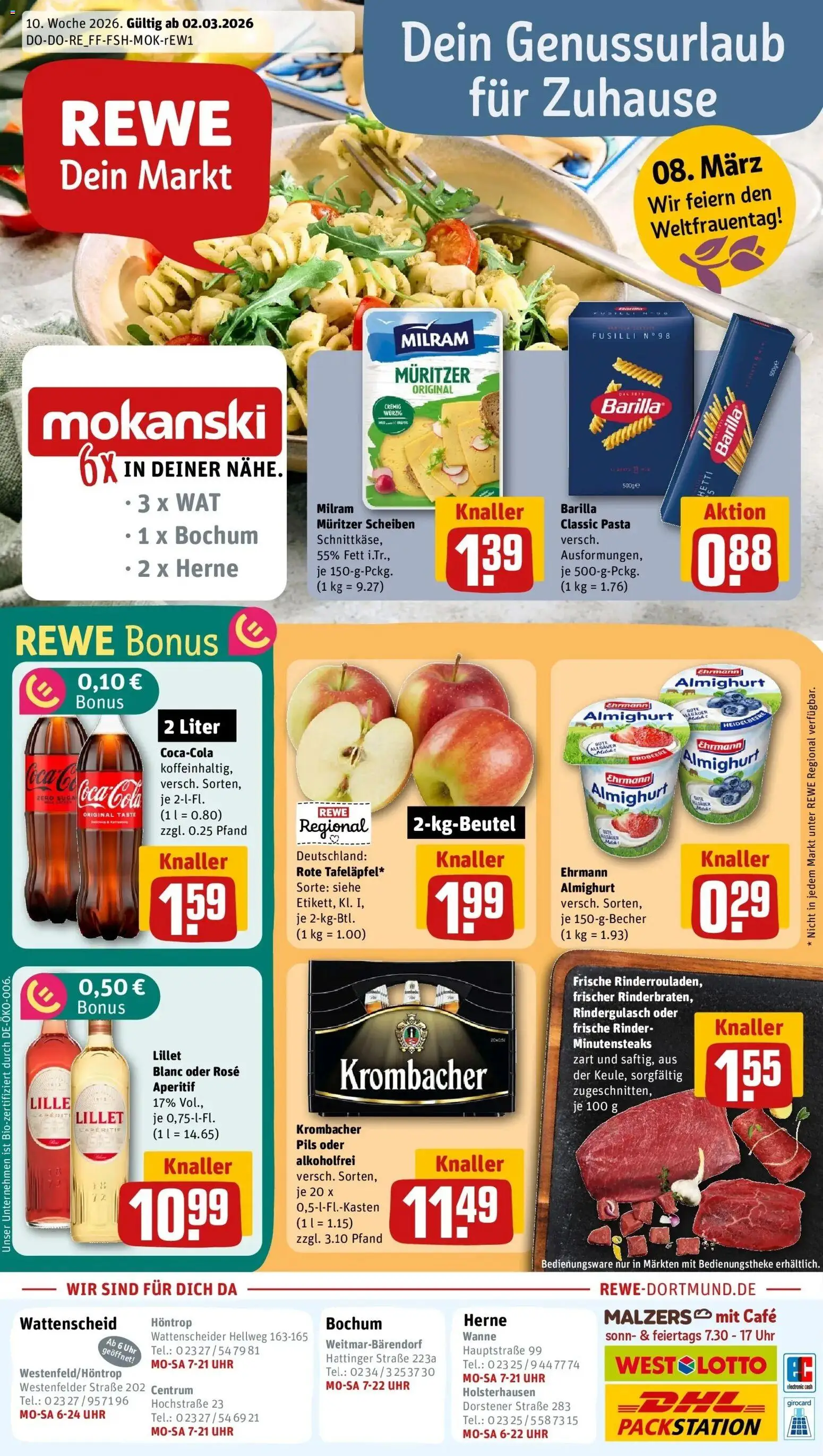 Vorschau von dem Prospekt des Geschäftes Rewe, gültig ab dem 02.03.2026 - Uhr, Pasta, Cola, Krombacher, Rindergulasch, Barilla, Pils, Milram