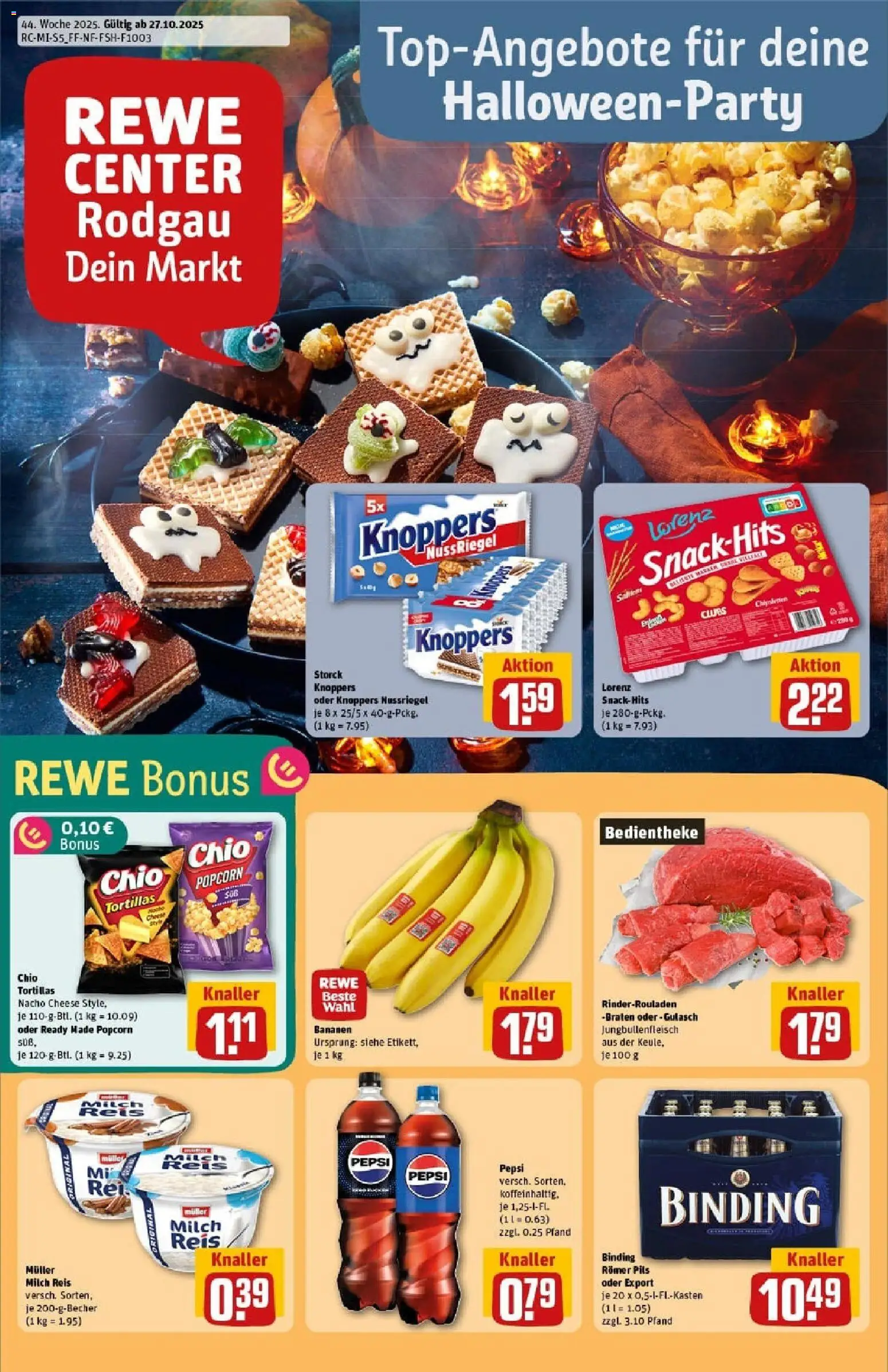 Vorschau von dem Prospekt des Geschäftes Rewe, gültig ab dem 26.10.2025 - Gulasch, Tortillas, Bananen, Rinderrouladen, Popcorn, Knoppers, Pepsi, Chio tortillas