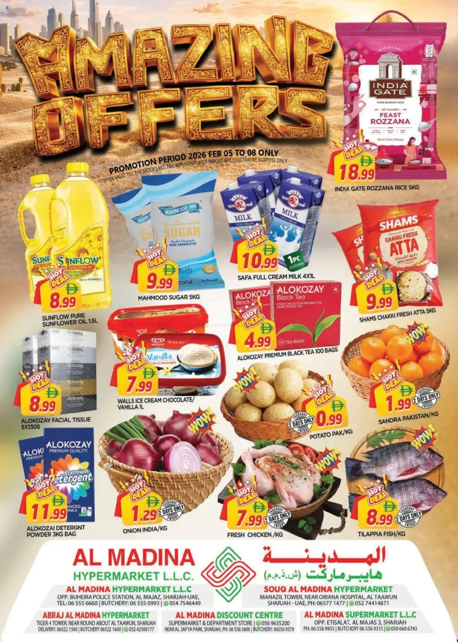 Preview of the catalogue Amazing Offers - Sharjah of store Al Madina valid from 5 Feb, 2026 - Ice Cream, Chicken, Bag, Milk, Rice, Sugar, Cream, Gate