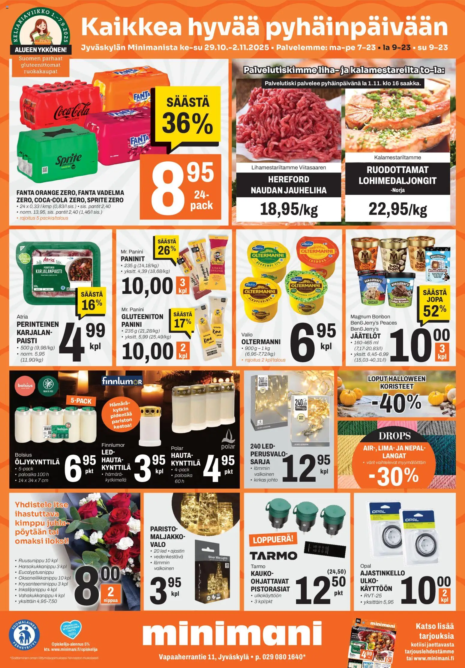 Kaupan Minimani Tarjoukset - Jyväskylä esikatselu, voimassa 29/10/2025 - Jauheliha, Vadelma, Maljakko, Fanta, Liha, Sprite, Cheddar