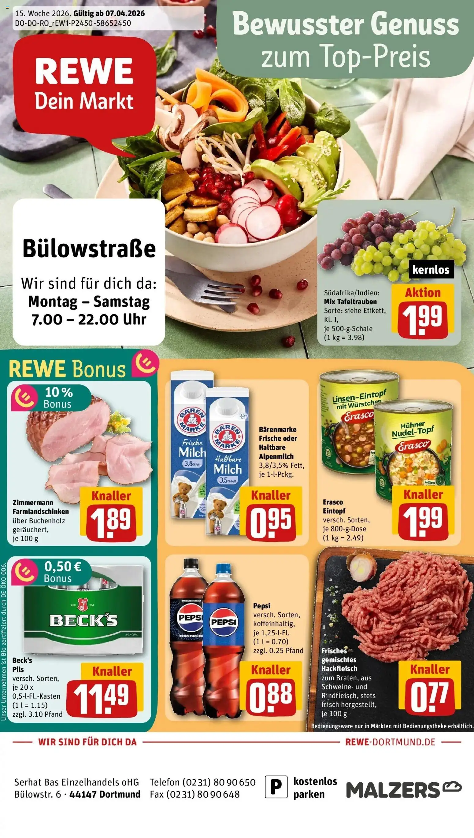 Vorschau von dem Prospekt des Geschäftes Rewe, gültig ab dem 05.04.2026 - Uhr, Telefon, Milch, Hackfleisch, Zucker, Pepsi, Pils, Erasco