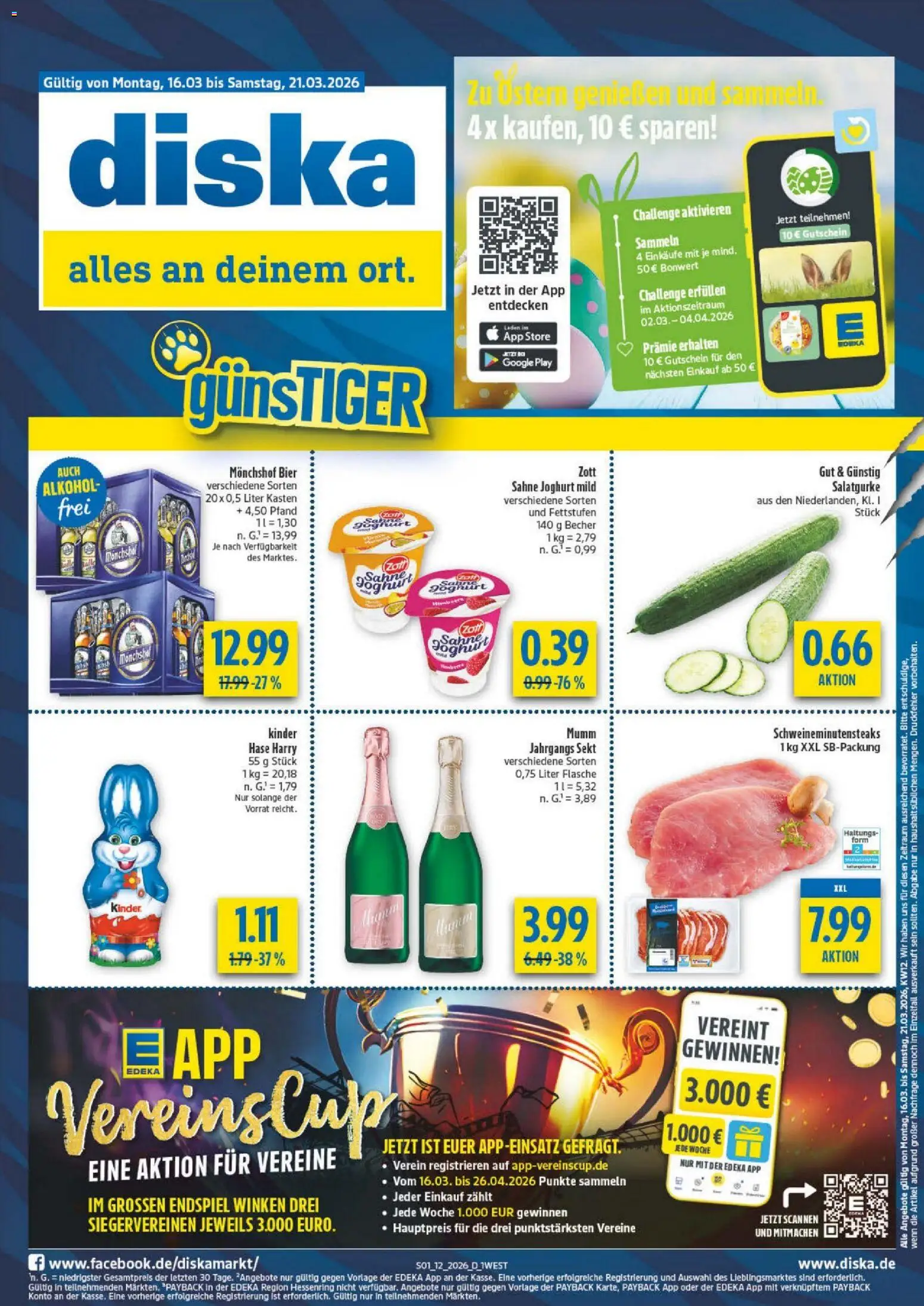 Vorschau von dem Prospekt des Geschäftes Diska, gültig ab dem 16.03.2026 - Bier, Joghurt, Alkohol, Sahne, Sekt, Monchshof