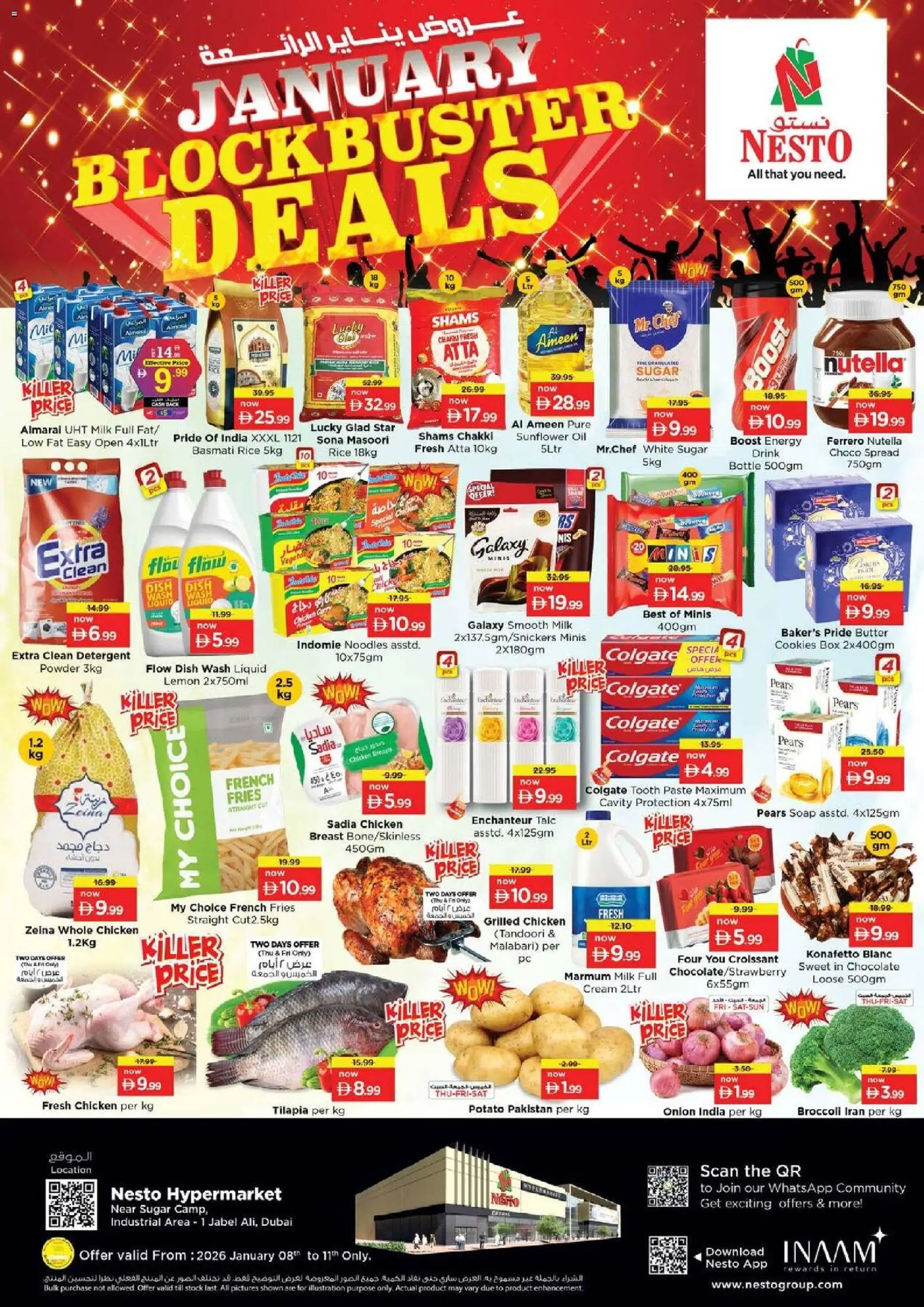 Preview of the catalogue January Blockbuster Deals - Industrial Area - 1 Jabel Ali, Dubai of store Nesto valid from 8 Jan, 2026 - Chocolate, Chicken, Noodles, Cookies, Butter, Oil, Lemon, Cream