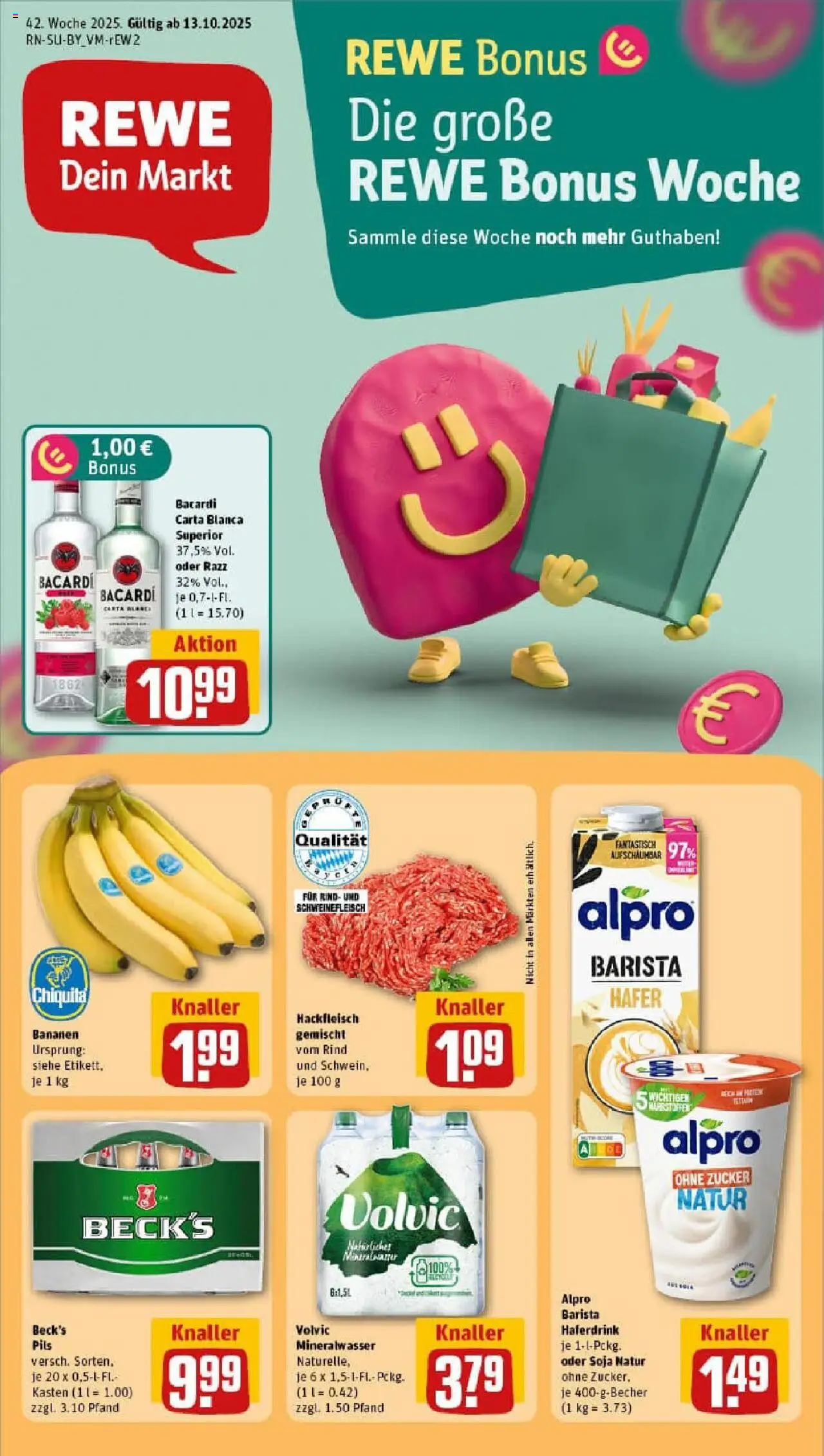 Vorschau von dem Prospekt des Geschäftes Rewe, gültig ab dem 13.10.2025 - Bananen, Mineralwasser, Hackfleisch, Bacardi, Zucker, Alpro, Schweinefleisch, Haferdrink