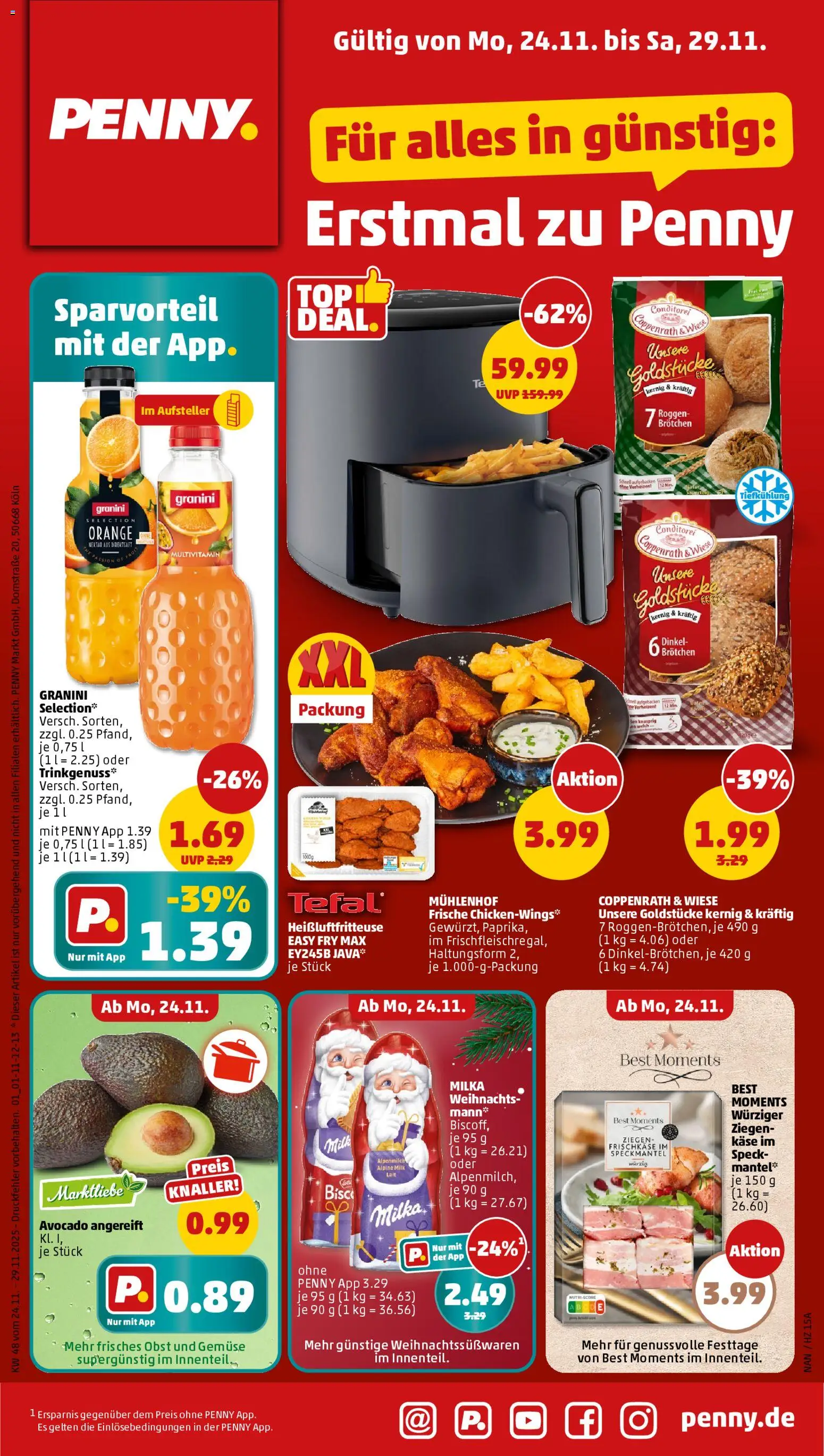 Vorschau von dem Prospekt des Geschäftes Penny, gültig ab dem 01.12.2025 - Heißluftfritteuse, Käse, Avocado, Gemüse, Obst, Milka, Granini, Frischkase