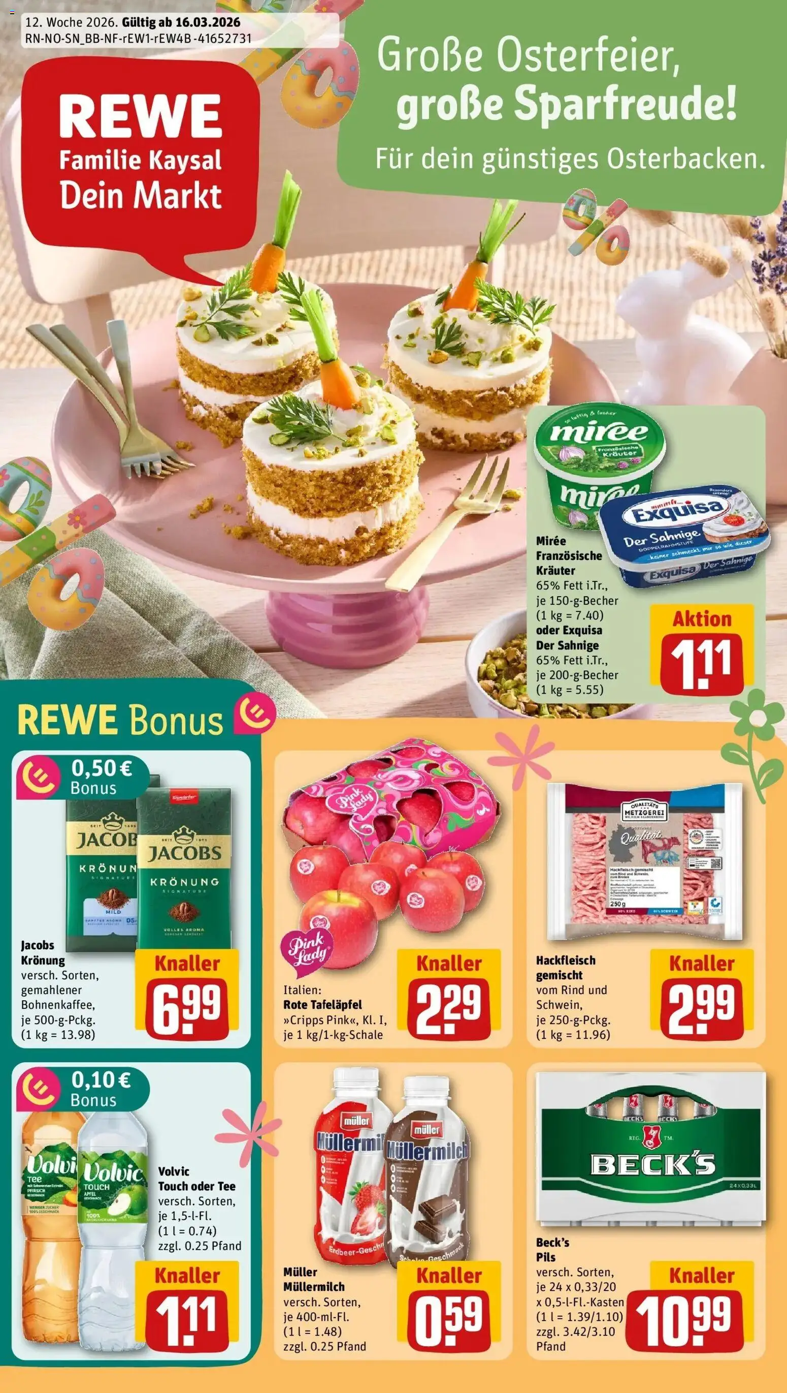 Vorschau von dem Prospekt des Geschäftes Rewe, gültig ab dem 15.03.2026 - Äpfel, Tee, Fleisch, Hackfleisch, Müllermilch, Volvic, Pils, Muller mullermilch