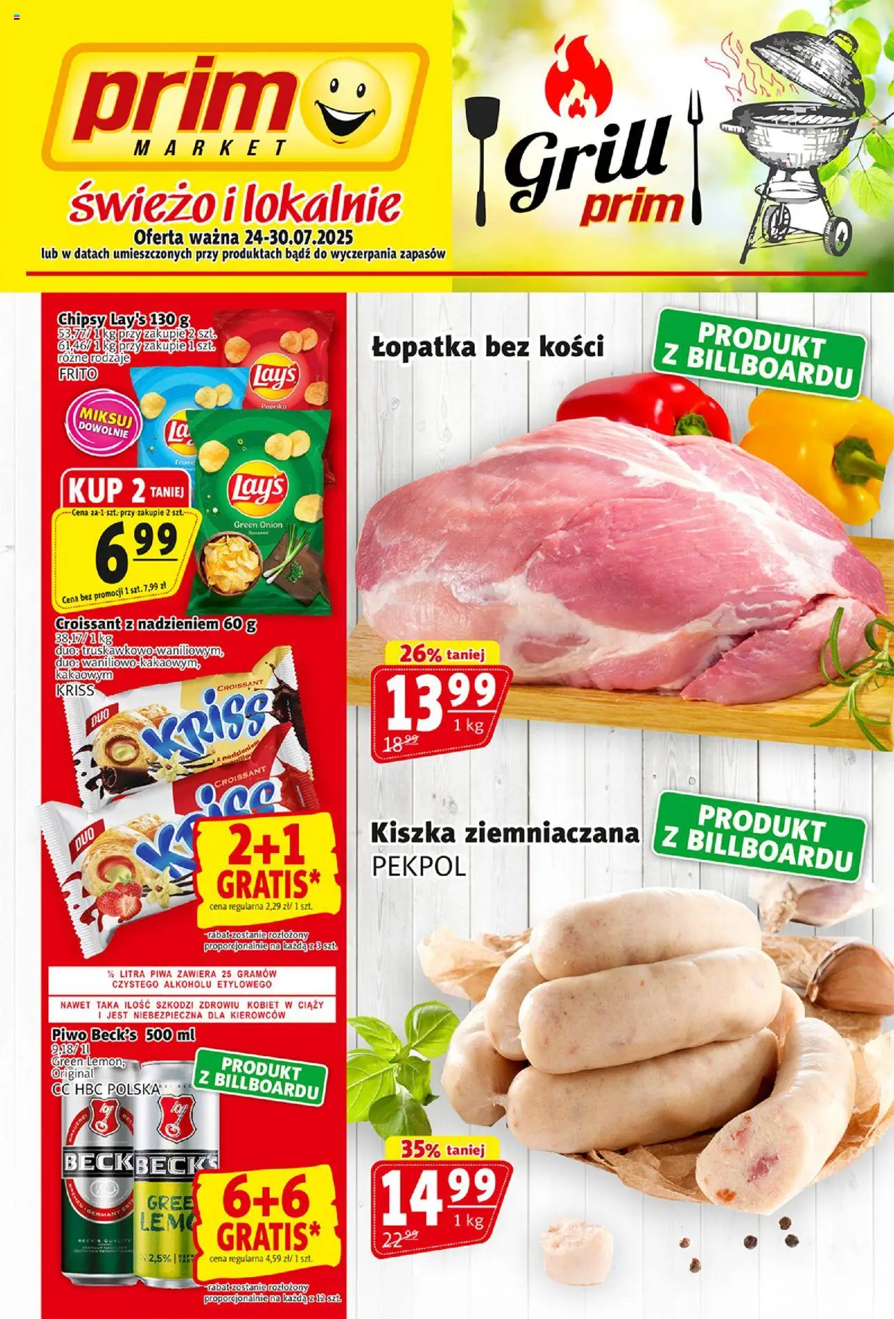 Prim Market Gazetka od 24.07.2025 - Nowa Gazetka - Numer strony 1 - Croissant, Chipsy, Kiszka ziemniaczana, Piwo