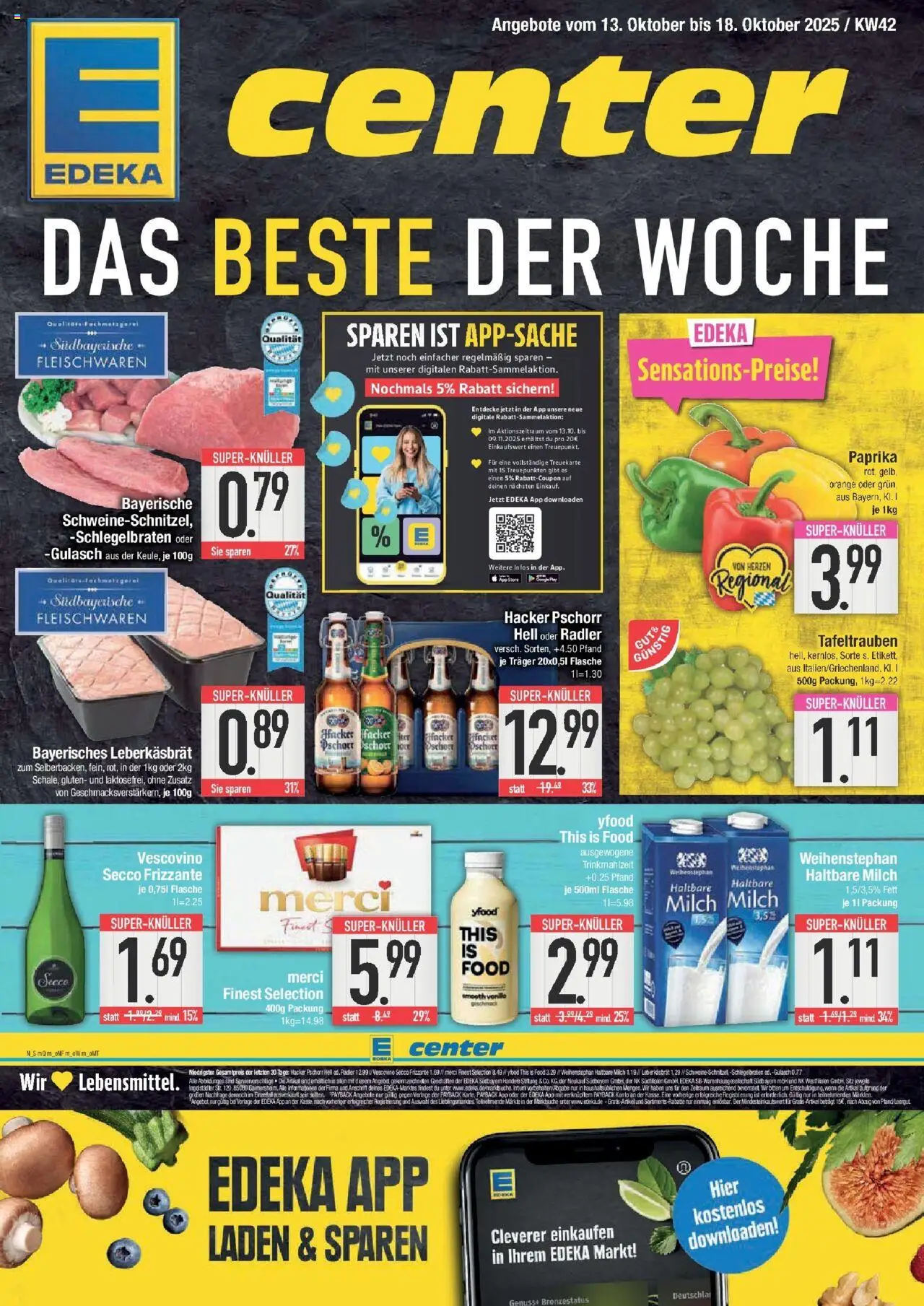 Vorschau von dem Prospekt des Geschäftes Edeka, gültig ab dem 13.10.2025 - Gulasch, Milch, YFood, Paprika, Merci, Radler, Haltbare milch