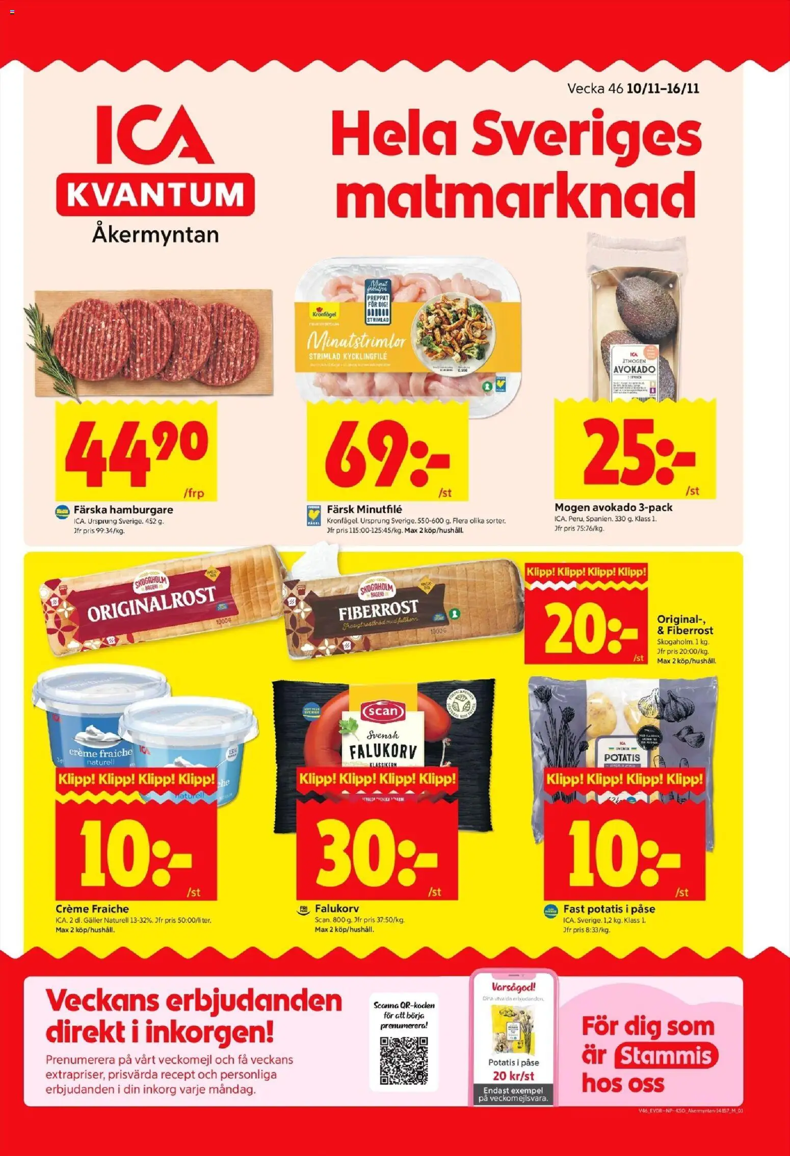 Förhandsgranska reklamblad Hässelby från butik ICA Kvantum gäller från 10/11/2025 - Hamburgare, Creme fraiche, Falukorv, Potatis, Avokado, Kycklingfile, Galler