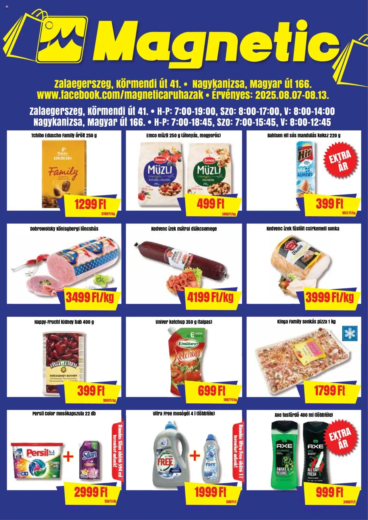 Magnetic aktuális szórólap, érvényes 2025.08.07.-től - 1 oldal - Pizza, Csirkemell, Öblítő, Mosókapszula, Tusfürdő, Persil, Diákcsemege, Silan
