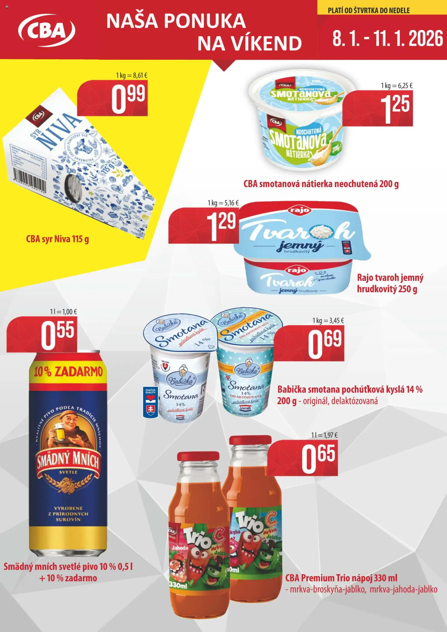 Náhľad Sintra letáku platného od 08.01.2026 - Pivo, Syr, Tvaroh, Mrkva, Niva, Smotana, Nátierka, Smädný Mních
