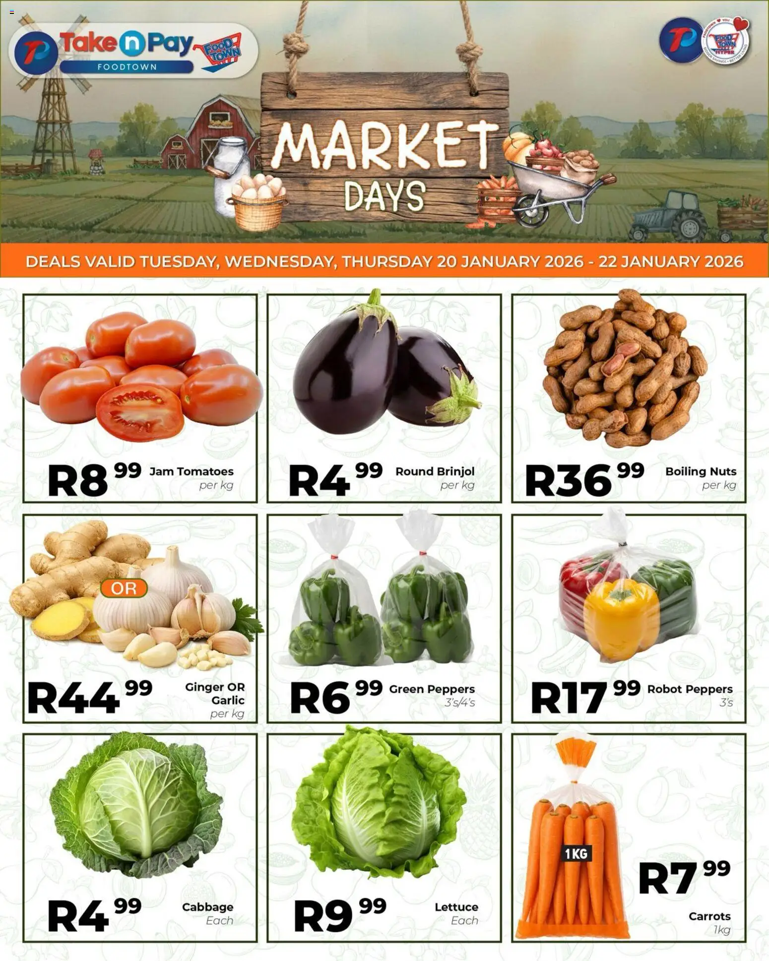 Preview of Take n Pay flyer valid from 20/01/2026 - Jam, Tomatoes, Nuts, Carrots, Garlic, Lettuce