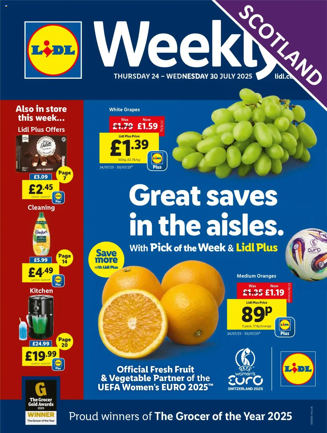 Lidl shop Lidl Weekly Scotland valid from 24/07/2025 - Page number 1 - Fruit, Grapes, Kitchen, Oranges