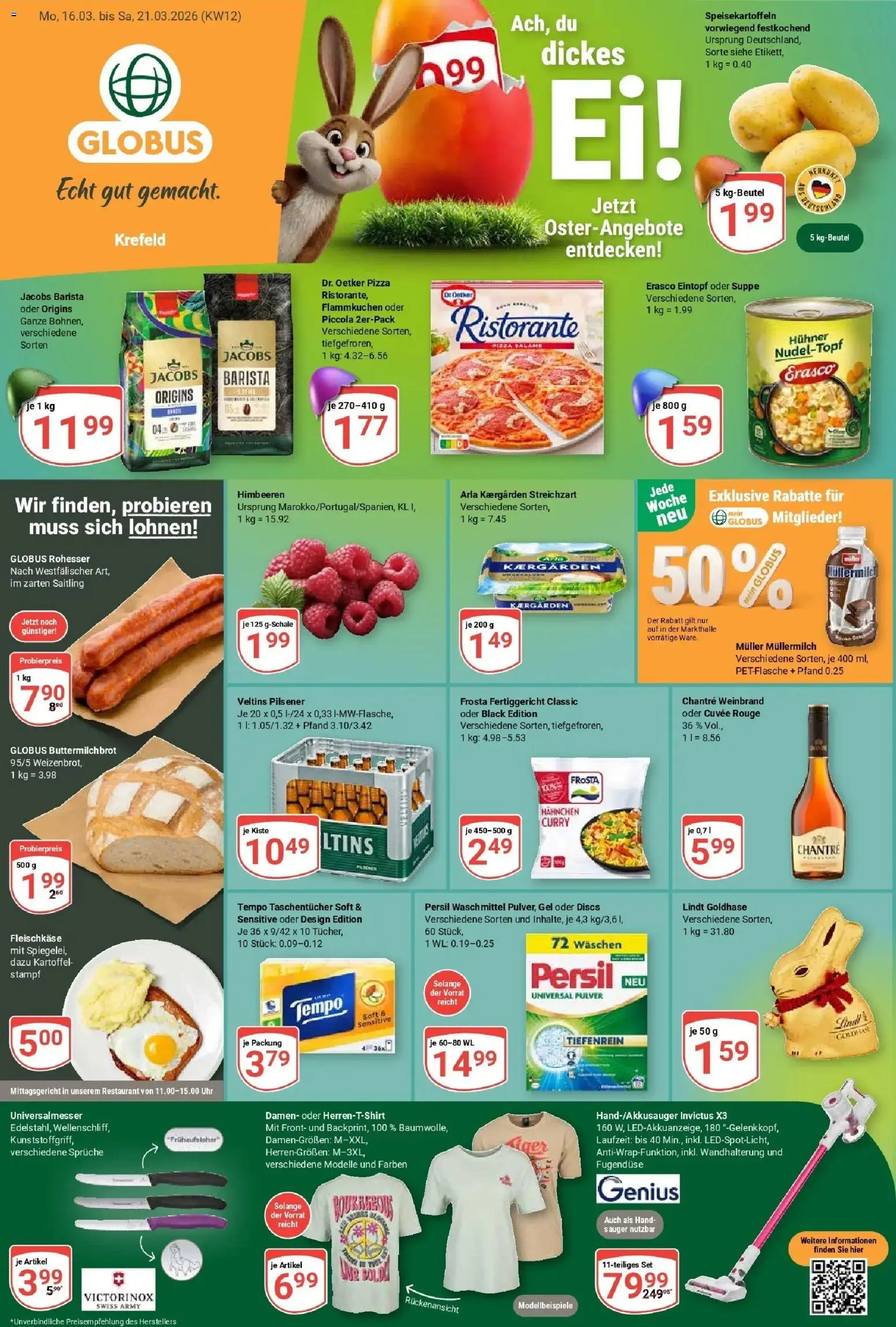 Vorschau von dem Prospekt des Geschäftes Globus, gültig ab dem 15.03.2026 - Uhr, Himbeeren, Frosta, Veltins, Waschmittel, Tempo, Chantré, Muller mullermilch