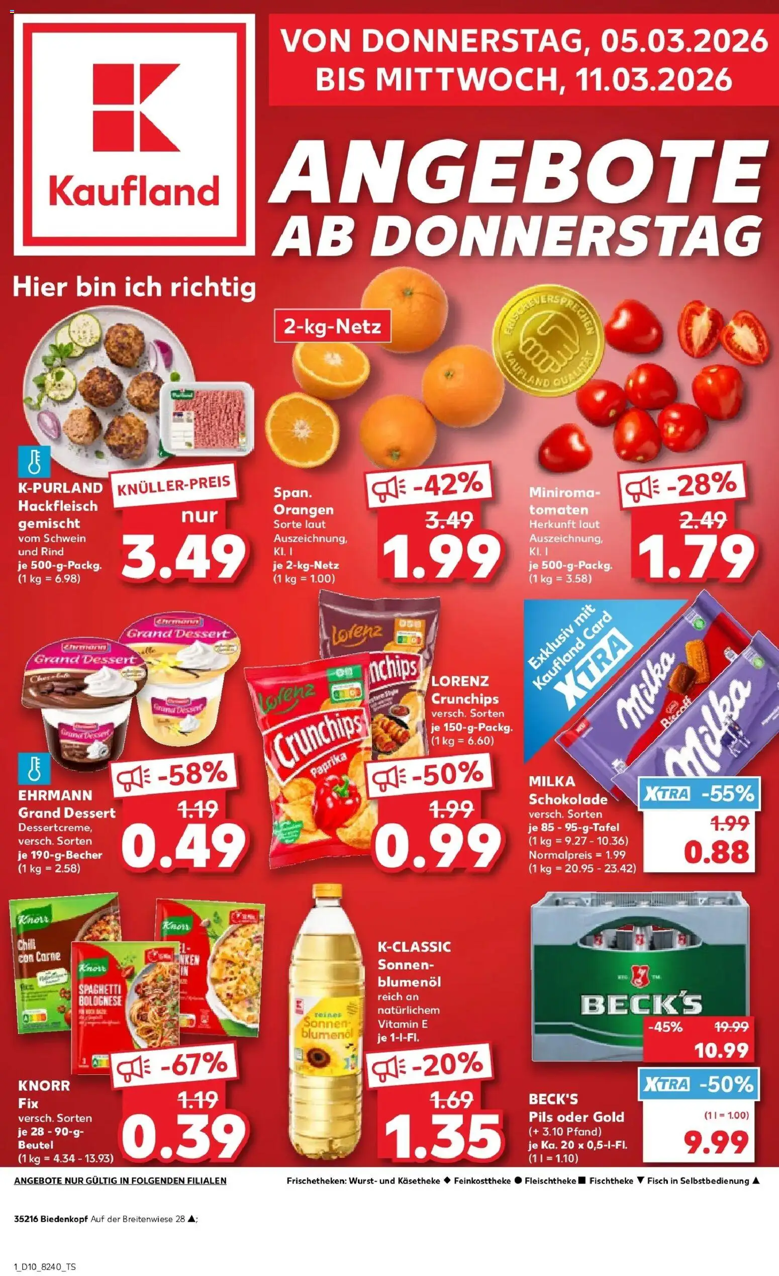 Vorschau von dem Prospekt des Geschäftes Kaufland, gültig ab dem 05.03.2026 - Chips, Hackfleisch, Milka, Paprika, Knorr fix, Orangen, Pils, Sonnenblumenol