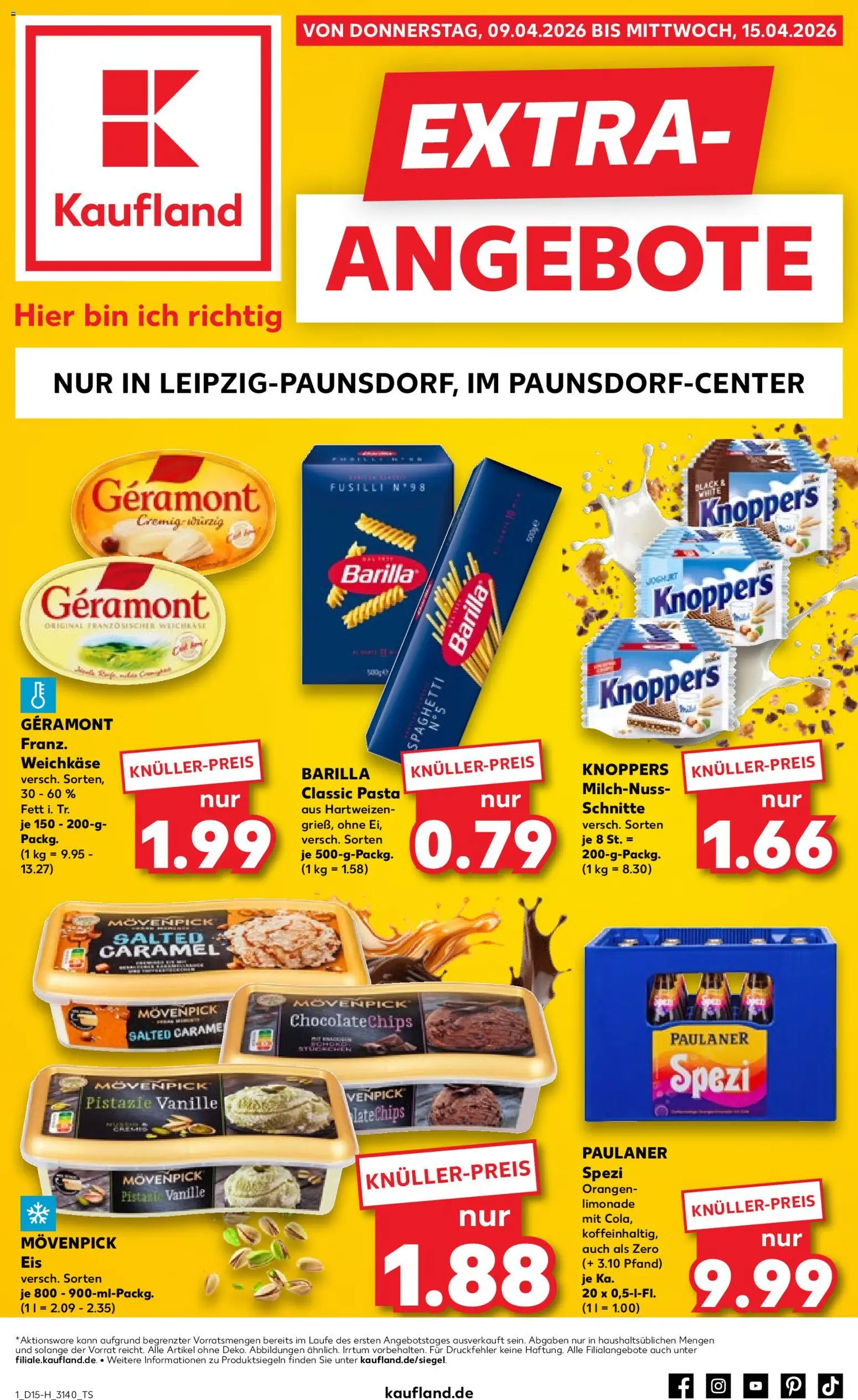 Vorschau von dem Prospekt des Geschäftes Kaufland, gültig ab dem 09.04.2026 - Eis, Cola, Spaghetti, Paulaner, Knoppers, Vanille, Geramont, Orangen