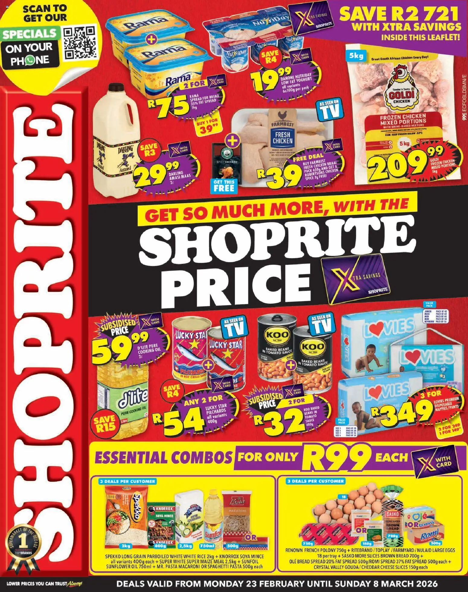 Preview of Shoprite flyer valid from 23/02/2026 - Eggs, Pasta, Beans, Maize meal, Yoghurt, Baked beans, Spread, Fat spread