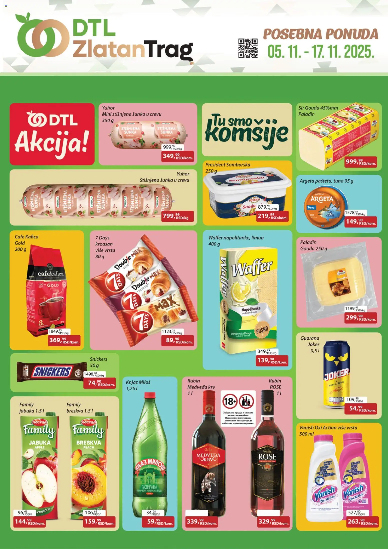 Pregled Zlatan Trag kataloga - važi od 05.11.2025 - Guarana, Limun, Snickers, Breskva, Sir, Napolitanke, Kroasan, Gouda