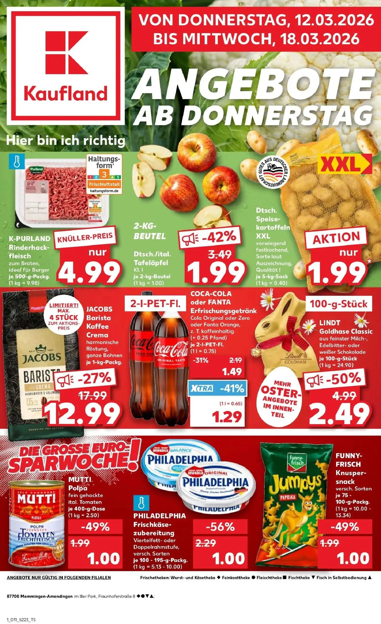 Vorschau von dem Prospekt des Geschäftes Kaufland, gültig ab dem 12.03.2026 - Burger, Kaffee, Chips, Coca cola, Cola, Philadelphia, Fanta, Kartoffeln