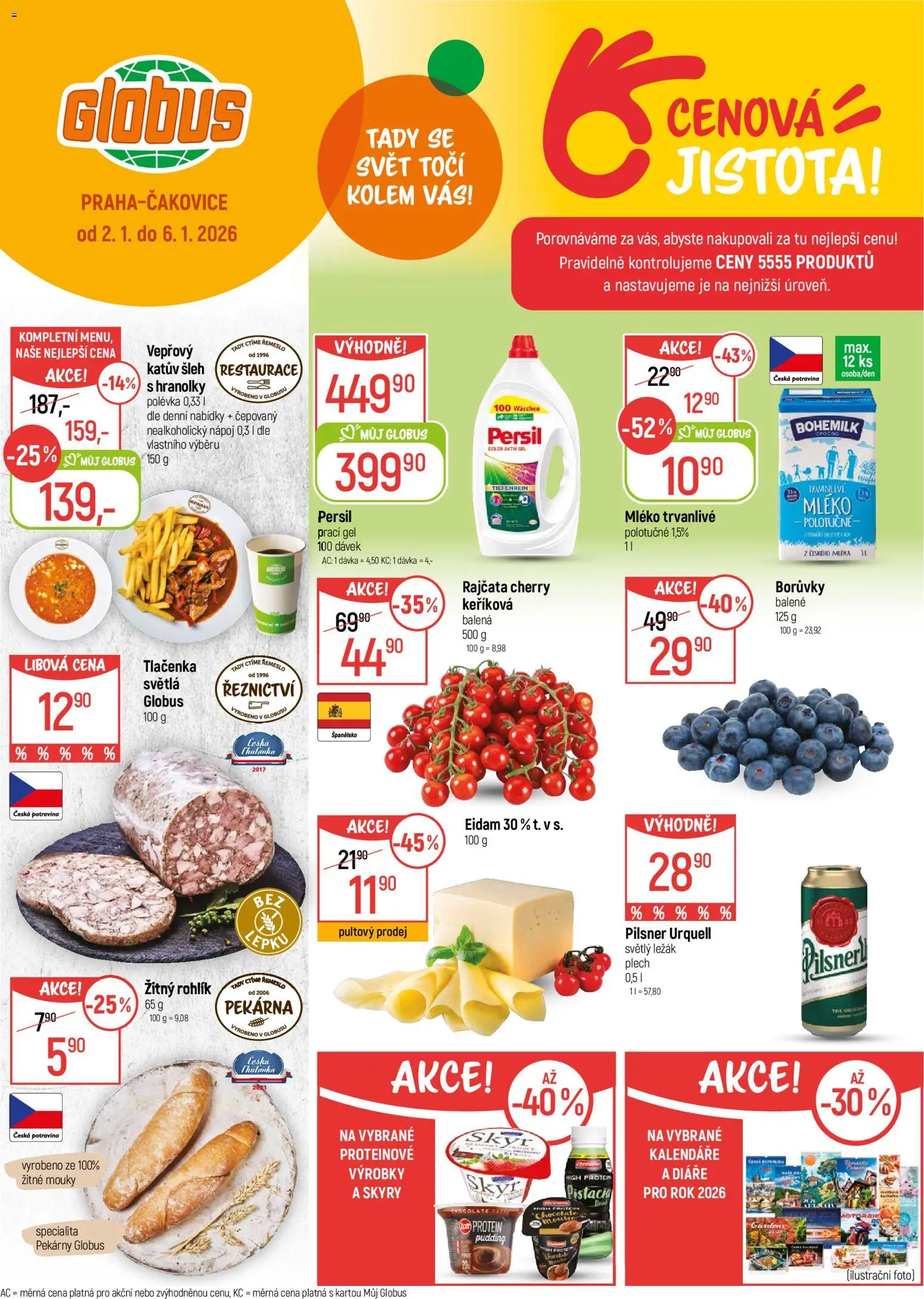 Náhled nabídky: Globus Praha Čakovice platný od 02.01.2026 - Rohlík, Mléko, Hranolky, Skyr, Pilsner, Rajčata, Plech, Prací gel