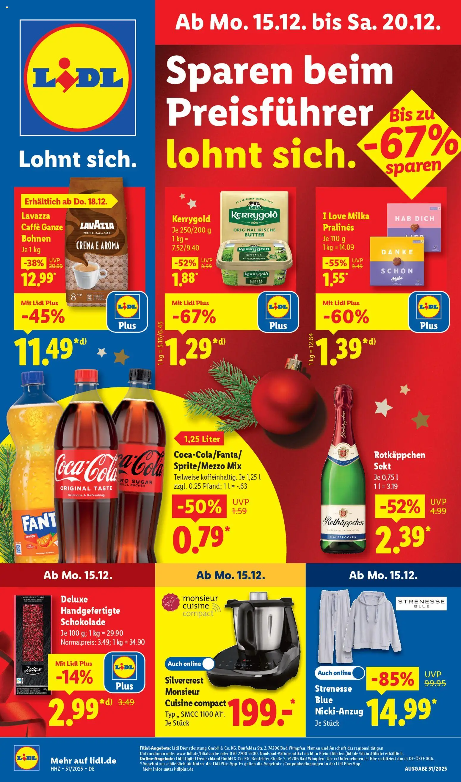 Vorschau von dem Prospekt des Geschäftes Lidl, gültig ab dem 15.12.2025 - Butter, Schokolade, Bad, Rotkäppchen, Milka, Lavazza, Zucker, Sekt