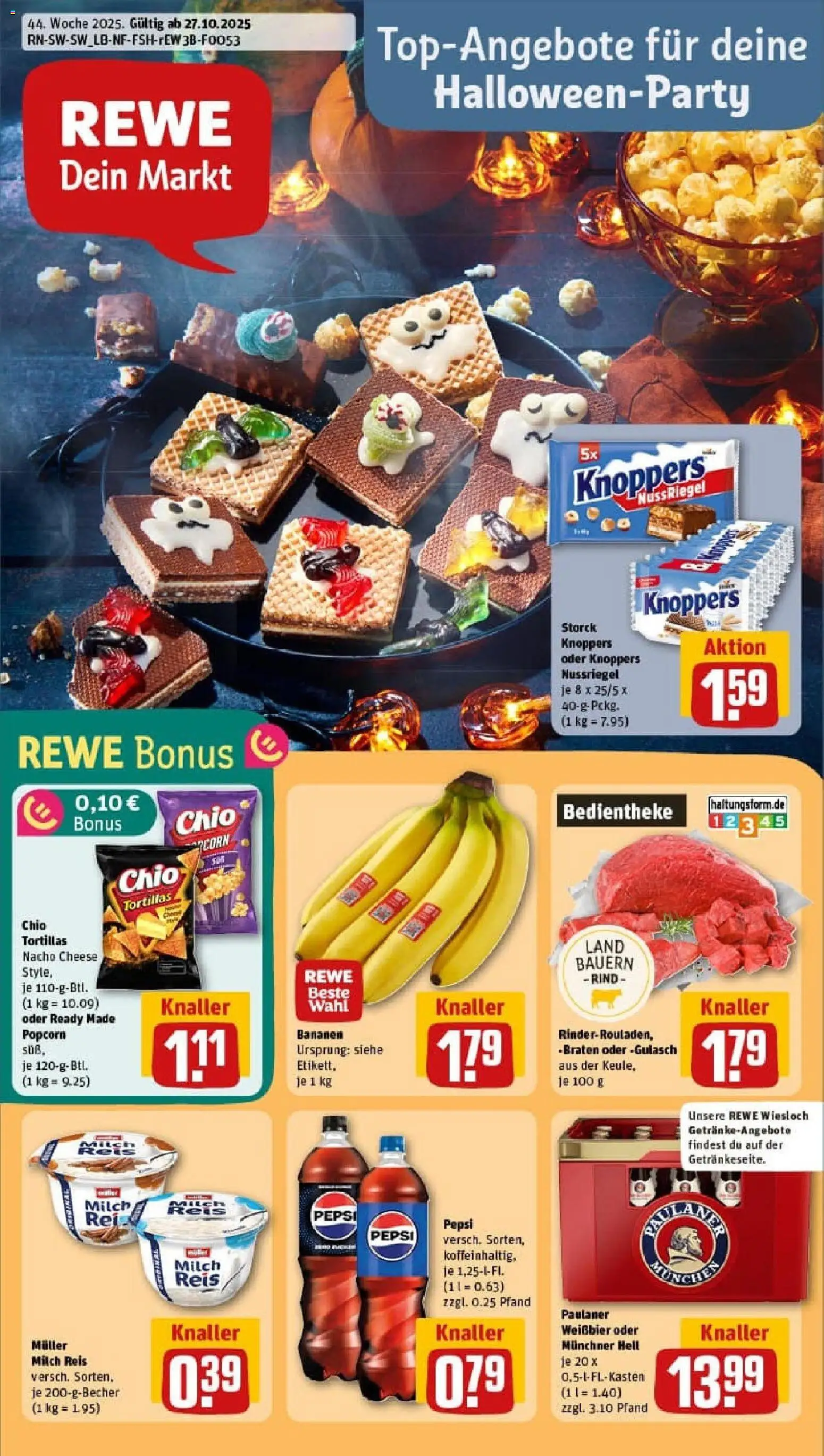 REWE Prospekt ab 26.10.2025 nächste Woche - Prospekt Wiesloch - Chips, Gulasch, Tortillas, Bananen, Reis, Popcorn, Pepsi, Weißbier
