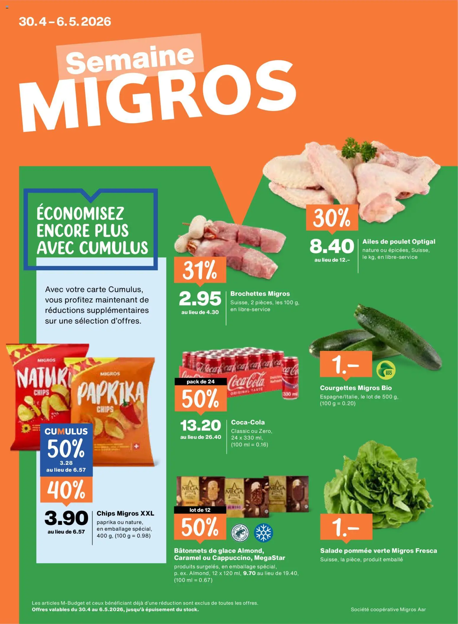 Vorschau des Merkblatts Migros aktionen FR vom Shop Migros gültig von 30.04.2026 bis 06.05.2026 - Glace, Coca Cola, Paprika, Chips, Zucchini