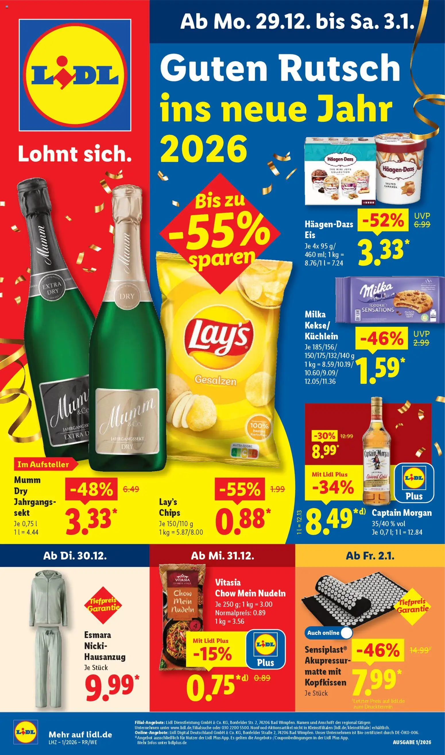 Vorschau von dem Prospekt des Geschäftes Lidl, gültig ab dem 29.12.2025 - Chips, Bad, Nudeln, Milka, Captain morgan, Sekt, Kopfkissen