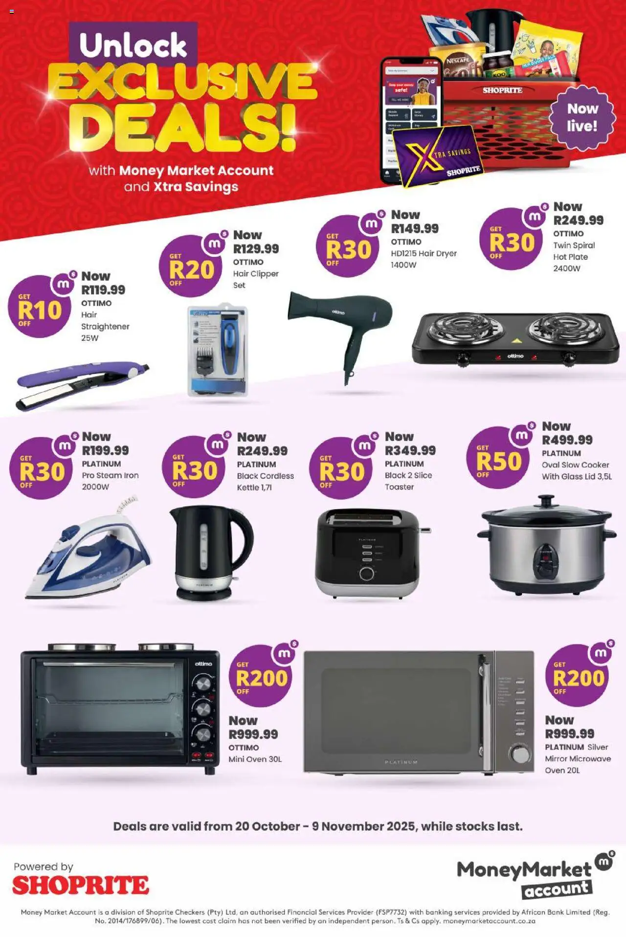 Preview of Shoprite flyer valid from 20/10/2025 - Microwave, Mirror, Kettle, Iron, Oven, Slow cooker, Microwave oven, Cooker
