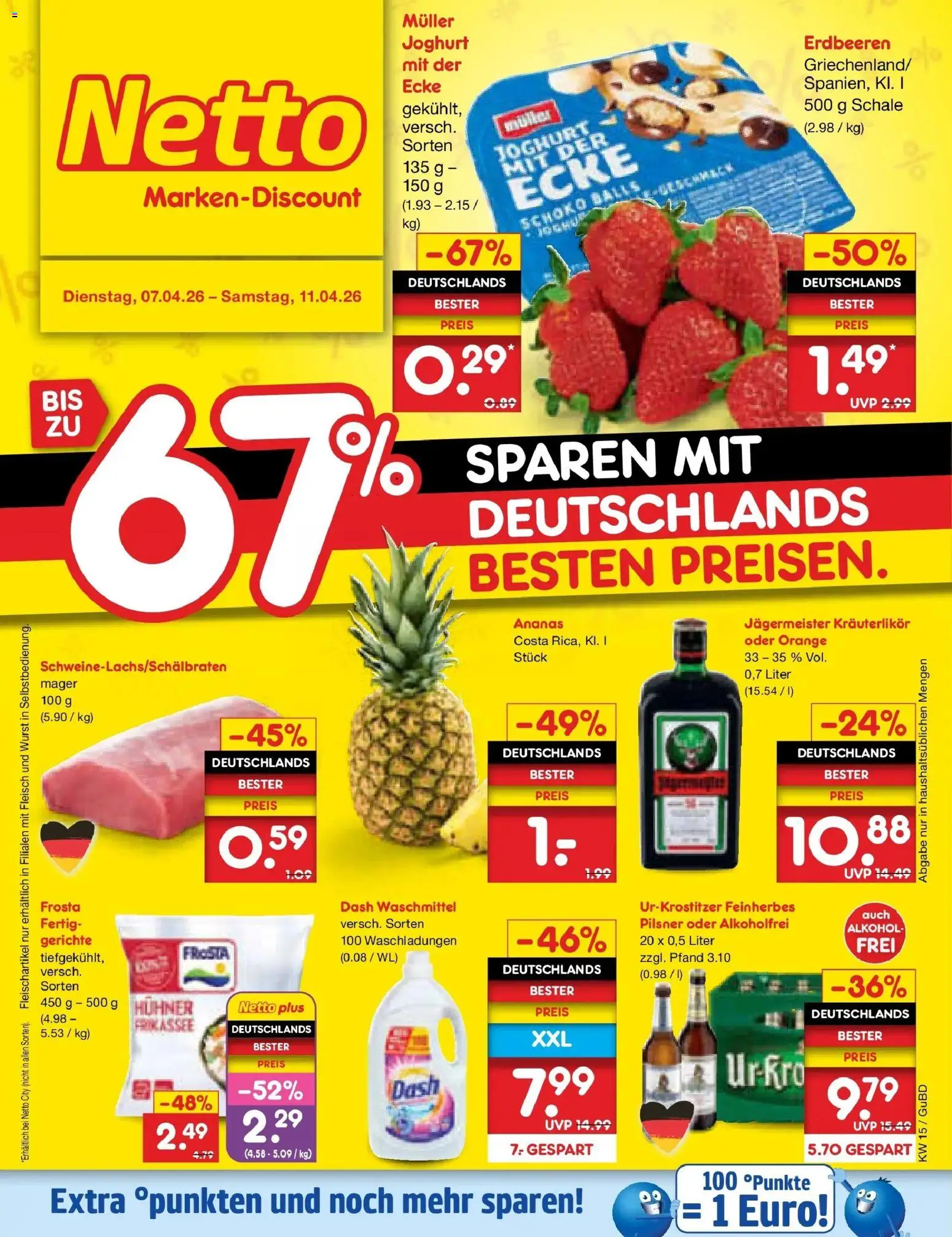 Vorschau von dem Prospekt des Geschäftes Netto Marken-Discount, gültig ab dem 07.04.2026 - Gerichte, Wurst, Erdbeeren, Joghurt, Jägermeister, Ananas, Fleisch, Frosta