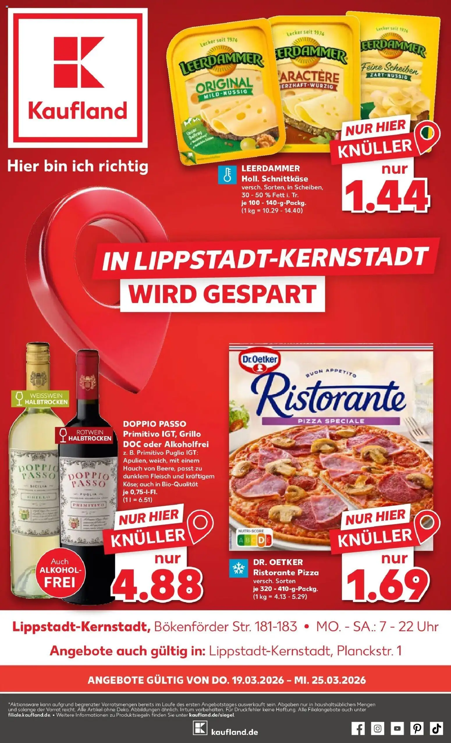 Vorschau von dem Prospekt des Geschäftes Kaufland, gültig ab dem 19.03.2026 - Pizza, Uhr, Alkohol, Fleisch, Doppio passo primitivo, Rotwein, Doppio Passo, Weißwein halbtrocken
