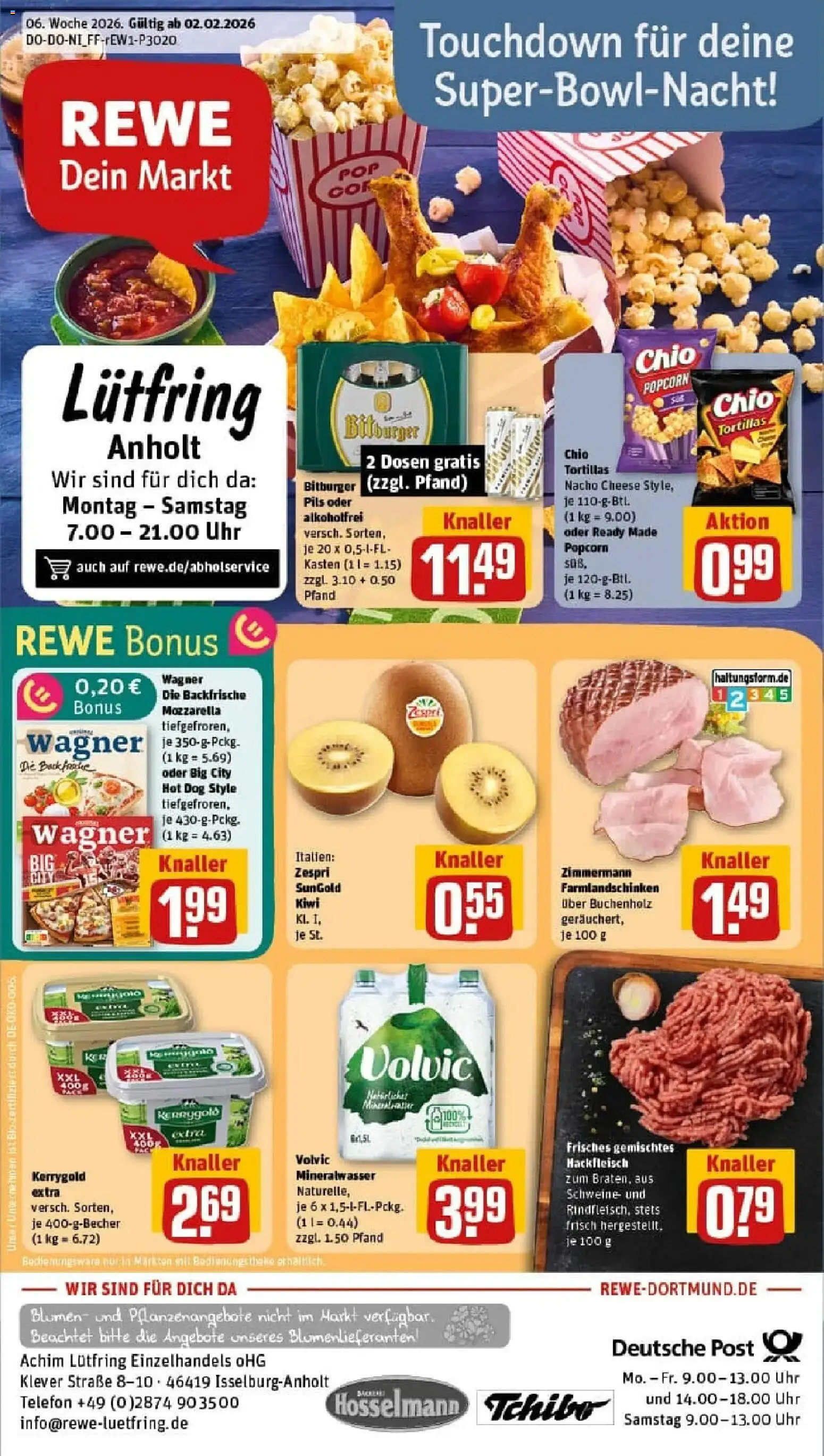 Vorschau von dem Prospekt des Geschäftes Rewe, gültig ab dem 02.02.2026 - Pizza, Chips, Uhr, Kiwi, Tortillas, Mozzarella, Mineralwasser, Popcorn