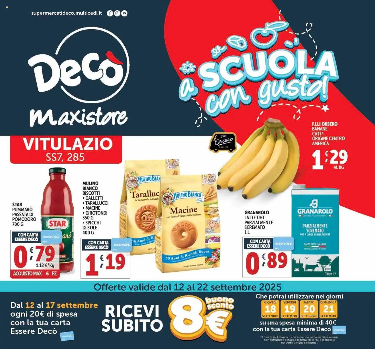 Volantino Decò valido da 12/09/2025 numero di pagina 1 - Biscotti, Latte, Pomodoro, Olio, Panna, Banane