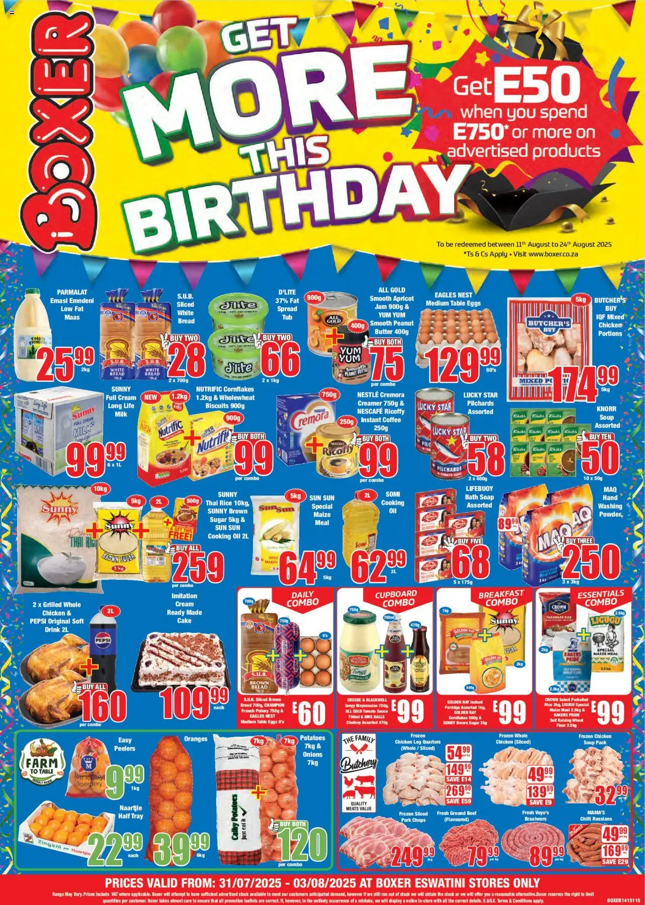 Boxer eSwatini - Weekly Specials from 31/07 - 03/08/2025 > Promotions - Jam, Oil, Potatoes, Sugar, Stock, Pork, Tray, Chilli
