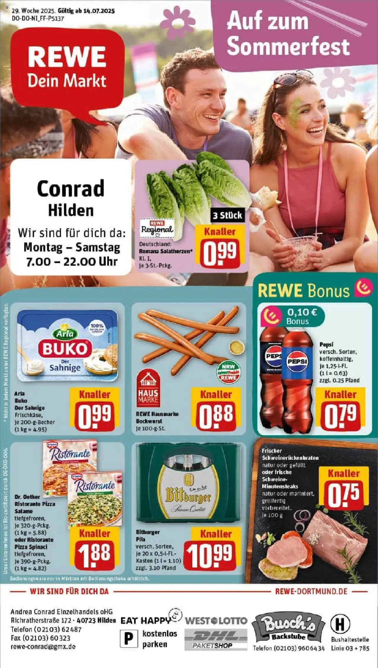 REWE Prospekt ab 13.07.2025 nächste Woche - Prospekt Hilden - Pizza, Uhr, Telefon, Bockwurst, Pepsi, Theke, Pils, Arla buko