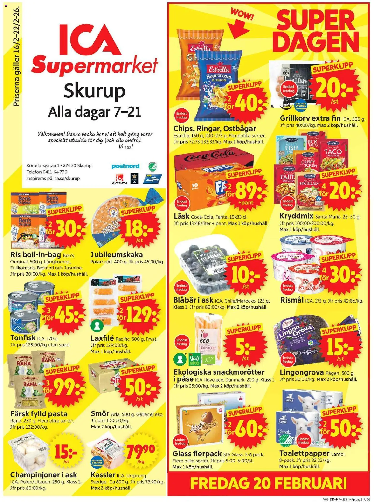 Förhandsgranska reklamblad Skurup från butik ICA Supermarket gäller från 16/02/2026 - Spel, Smör, Kött, Tonfisk, Blåbär, Toalettpapper, Lingongrova, Grillkorv