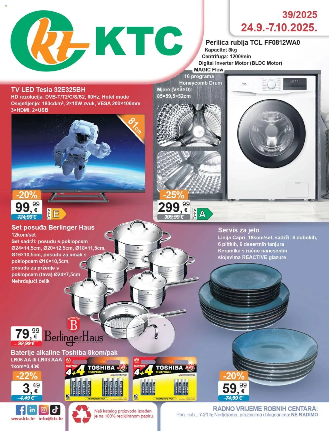 KTC aktualni Katalog tehnike i posuđa vrijedi od 24.09.2025 - tjedna akcija broj stranice 1 - Tv, Perilica rublja, Led, Tava, Baterije, Servis za jelo, Set posuđa, Umak