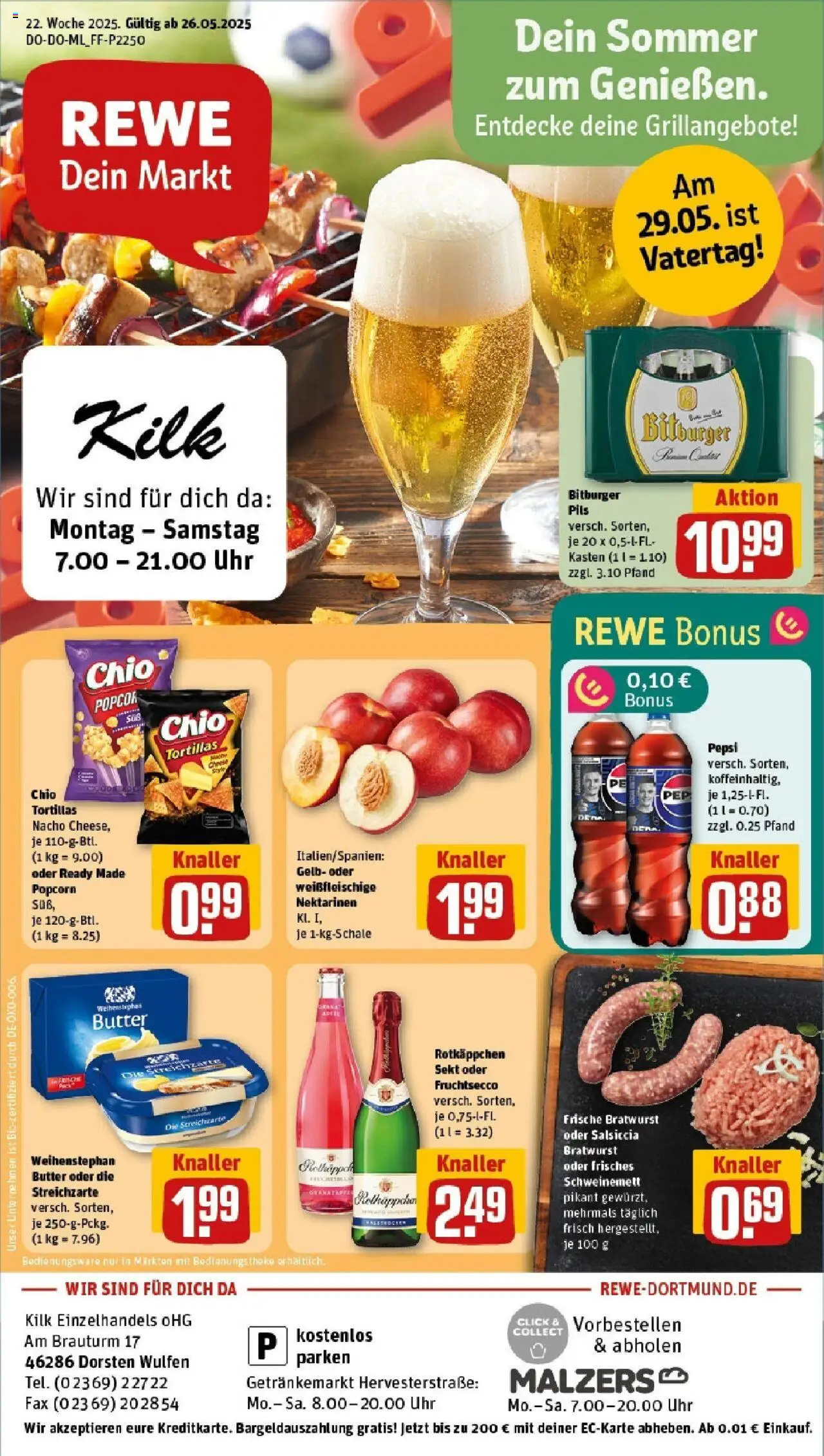 REWE Prospekt ab 25.05.2025 nächste Woche - Prospekt Dorsten - Chips, Bratwurst, Popcorn, Nektarinen, Pepsi, Theke, Pils, Chio tortillas