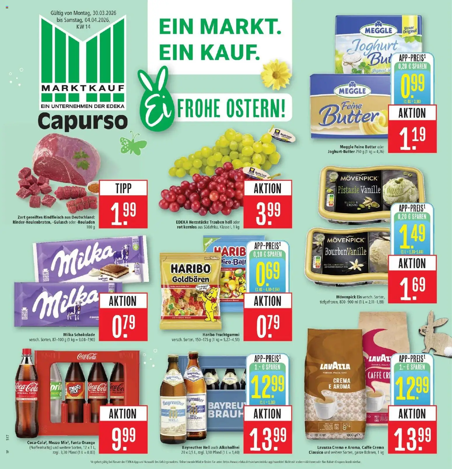 Vorschau von dem Prospekt des Geschäftes Marktkauf, gültig ab dem 30.03.2026 - Eis, Butter, Haribo, Joghurt, Milka schokolade, Trauben, Bayreuther hell, Movenpick eis