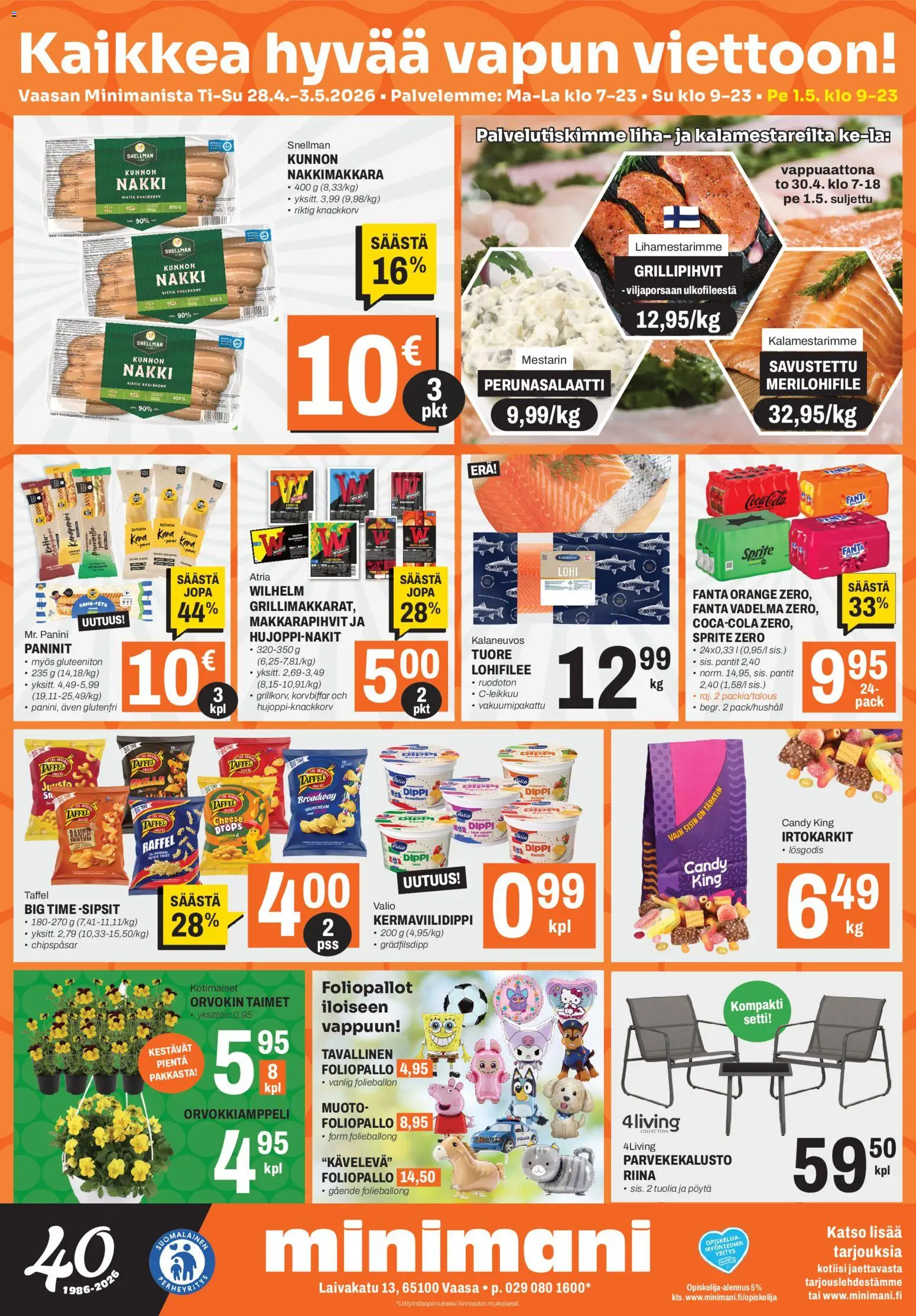 Kaupan Minimani Minimani tarjoukset - Vaasa esikatselu, voimassa 28/04/2026 - Perunasalaatti, Lohi, Kana, Vadelma, Pöytä, Fanta, Sprite, Cheddar