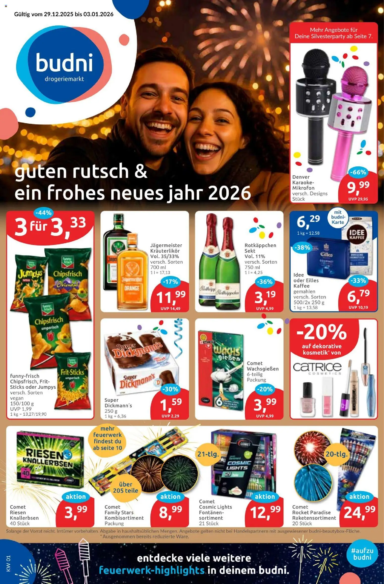 Vorschau von dem Prospekt des Geschäftes Budni, gültig ab dem 30.12.2025 - Kaffee, Jägermeister, Rotkäppchen, Mikrofon, Sekt, Idee kaffee