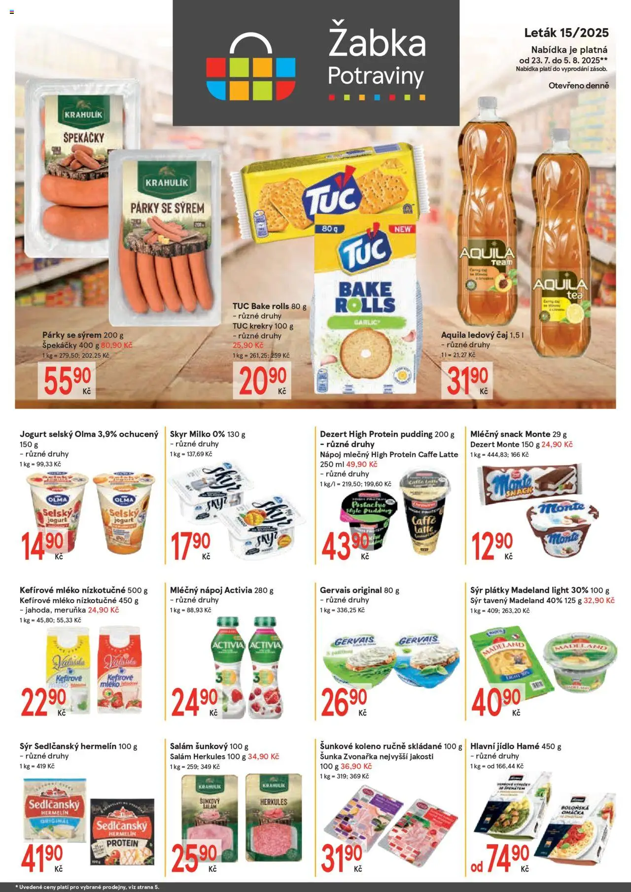 Žabka Leták (23.07.2025 - 05.08.2025) - Potraviny, Protein, Sýr, Skyr, Koleno, Párky, Gervais, High protein pudding