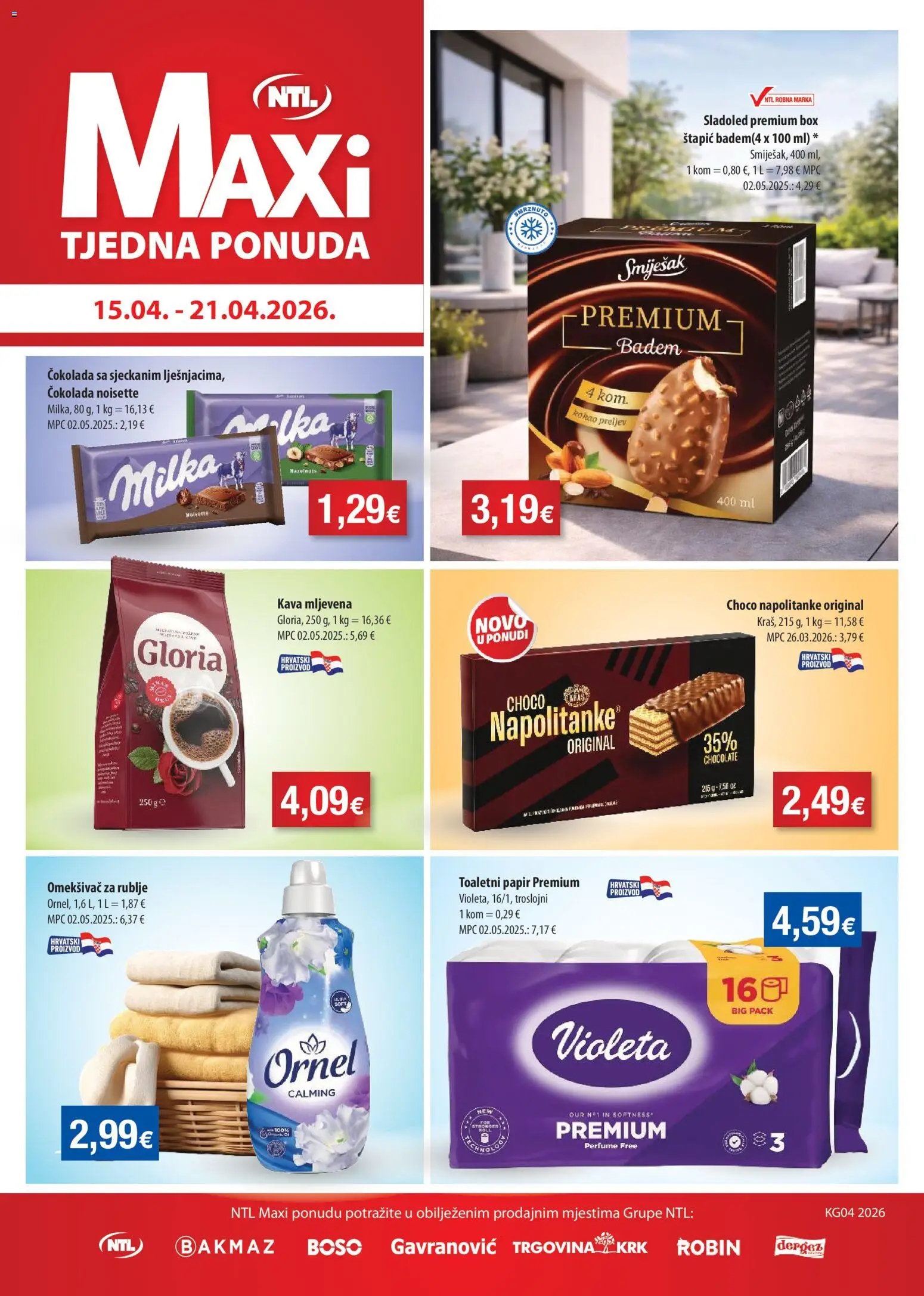 Pregled letka NTL Katalog trgovine NTL vrijedi od 15.04.2026 - Kava, Sladoled, Badem, Violeta, Napolitanke, Kakao, Omekšivač, Toaletni papir