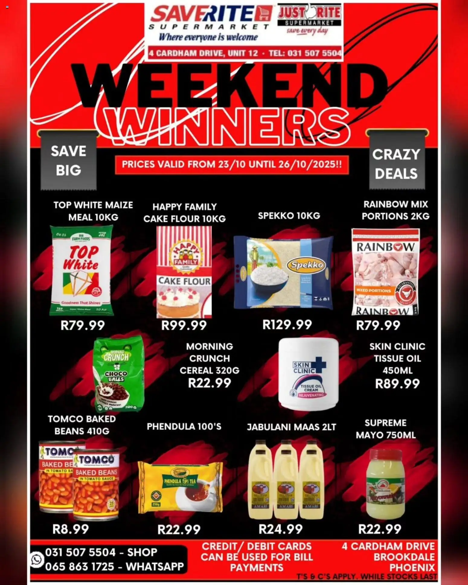 Saverite Weekend Winners from 23/10 - 26/10/2025 > Promotions - Oil, Tissue oil, Cream, Flour, Beans, Tomato sauce, Baked beans, Sauce