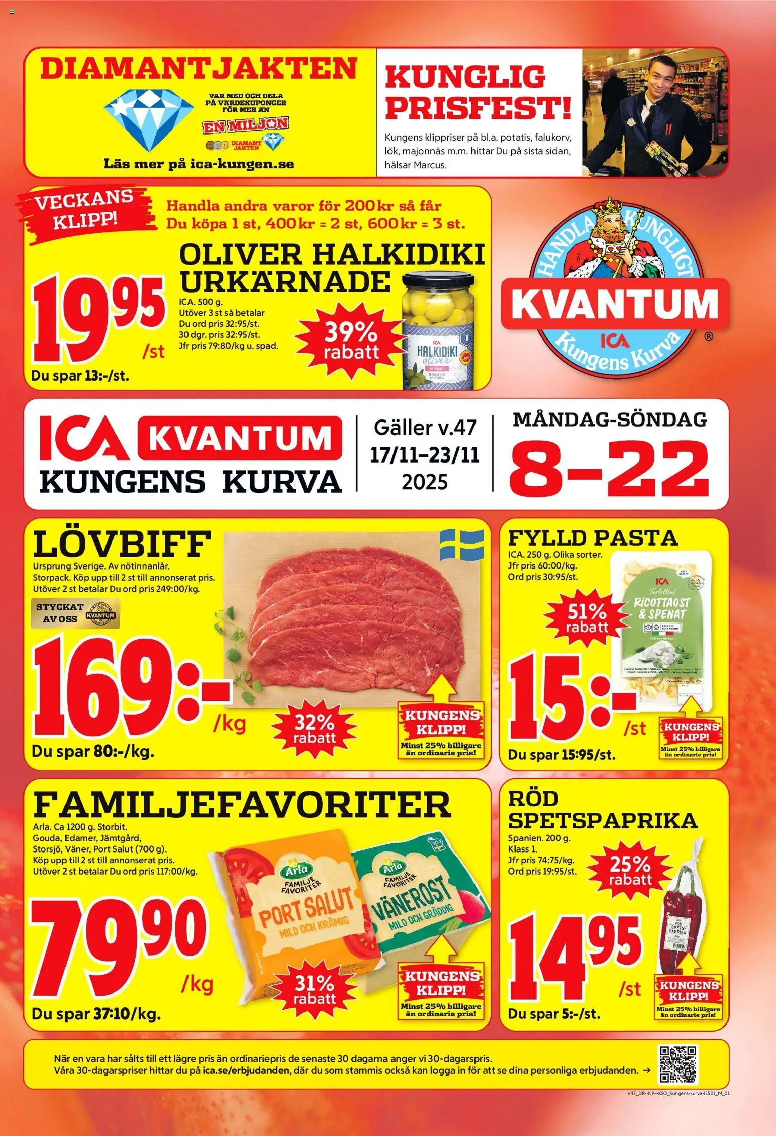 Förhandsgranska reklamblad Kungens Kurva från butik ICA Kvantum gäller från 17/11/2025 - Pasta, Lövbiff, Majonnäs, Galler, Oliver, Paprika, Spenat