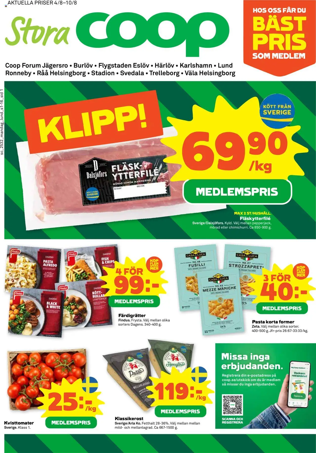 Helsingborg är giltig 04/08 2025 > Veckans Erbjudanden gäller från 04/08/2025 till 10/08/2025 sidnummer 1 - Pasta, Chips, Kött, Fläsk, Färdigrätter, Fläskytterfilé